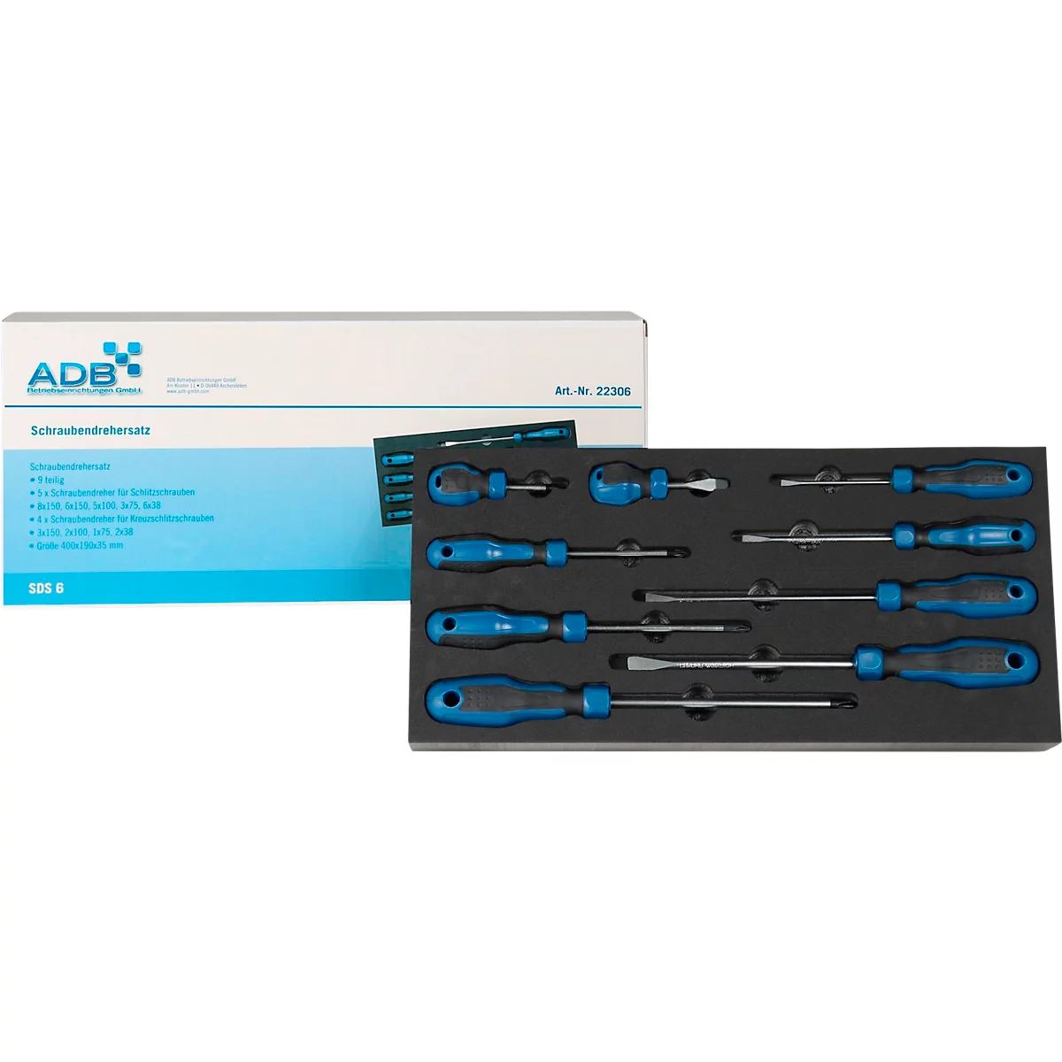 ADB schroevendraaierset, 9-delig, sleuf en kruiskop, incl. schuimrubberen inzet, L 400 x B 190 x H 35 mm