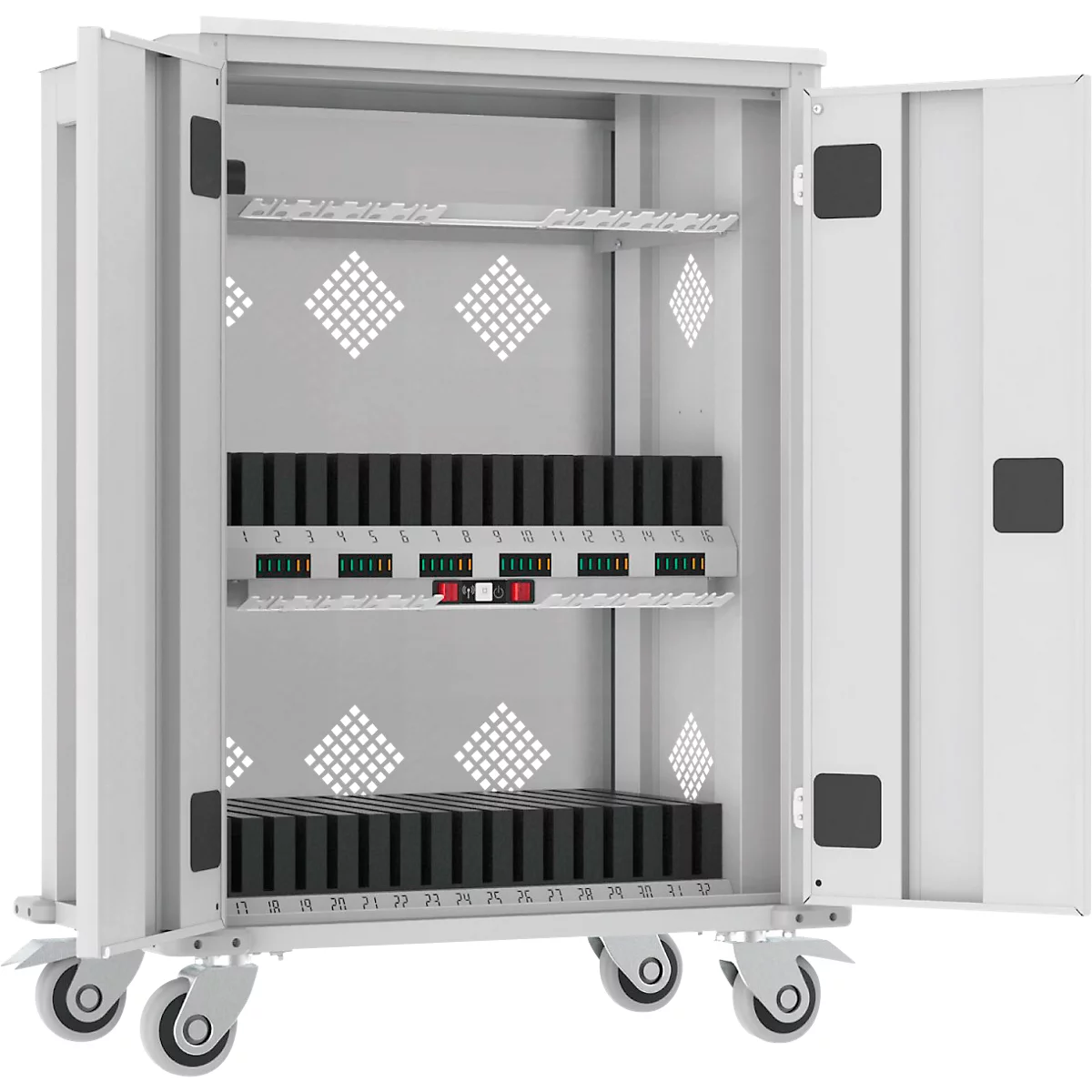 ADB tablet trolley, voor 32 tabletten en 1 notebook, voeding, geventileerd, B 730 x D 440 x H 1050 mm, lichtgrijs RAL 7035
