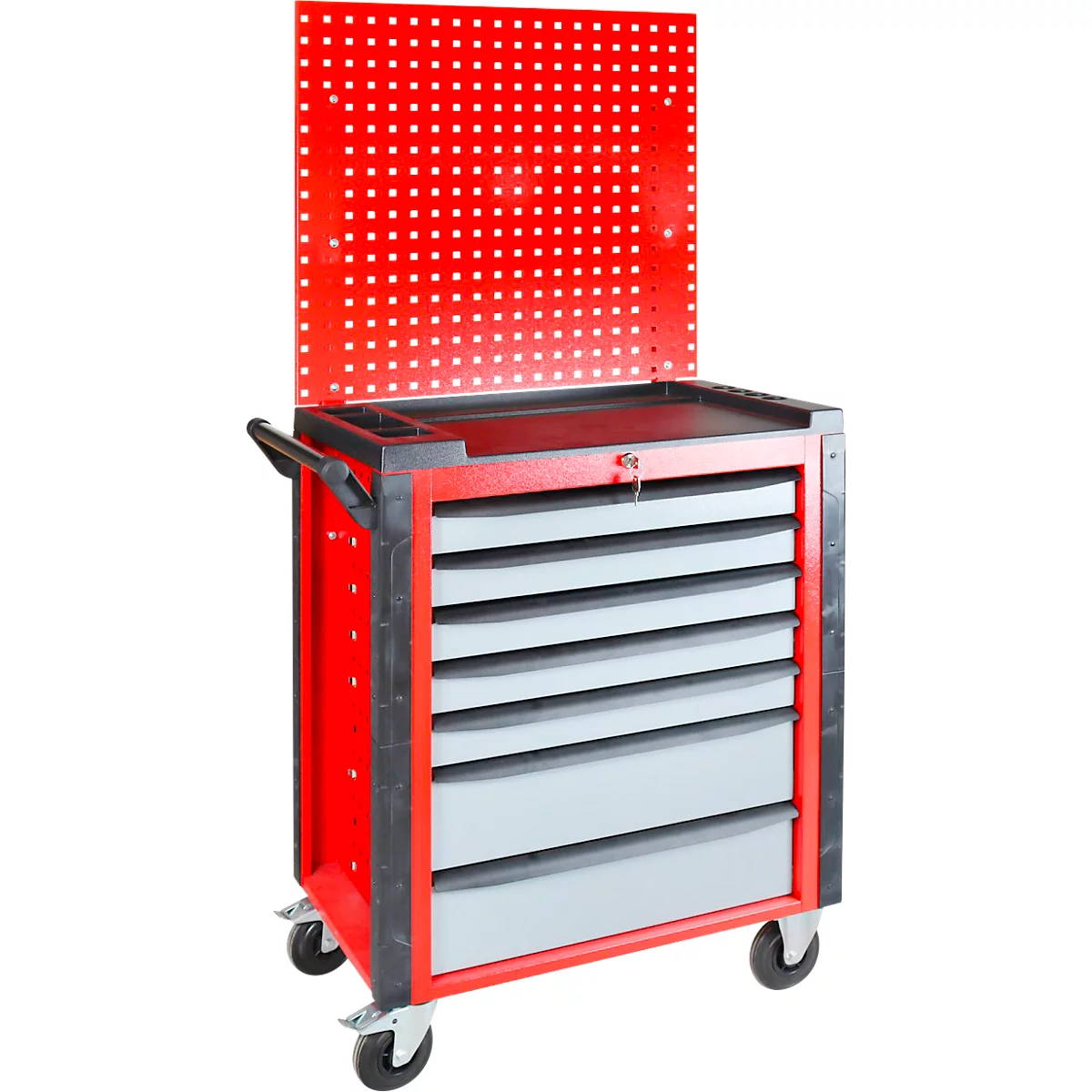ADB Werkstattwagen HQ, mit Lochwand, 7 Schubladen, Schiebegriff, Zentralverschluss, B 750 x T 475 x H 985 mm, silbergrau RAL 7001