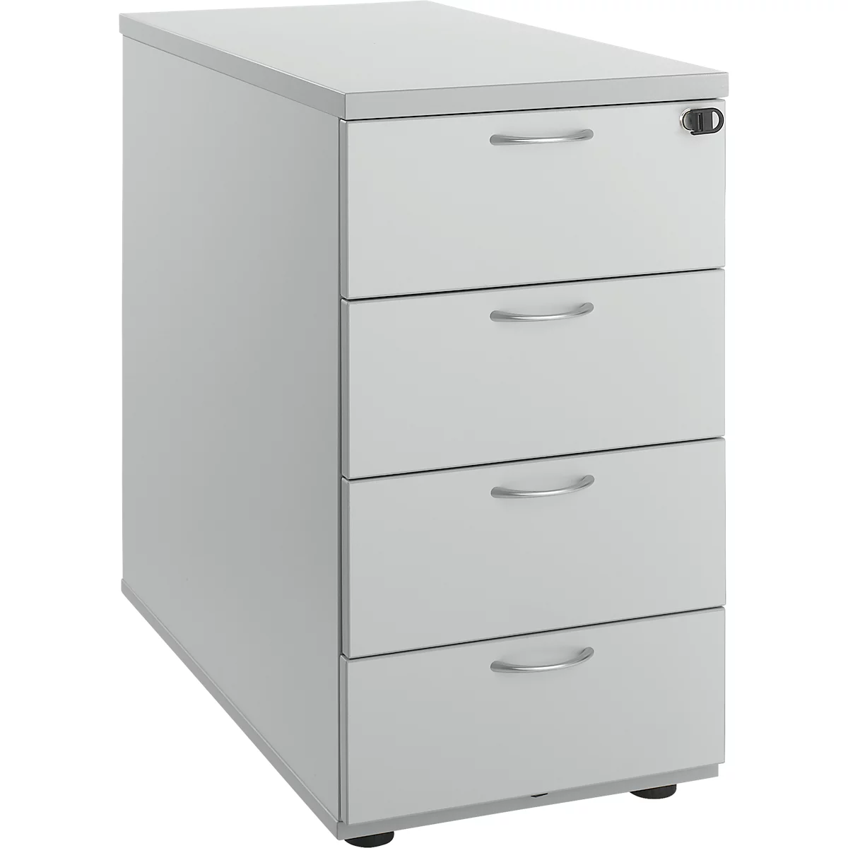 Light gray filing cabinet with four drawers and silver handles.