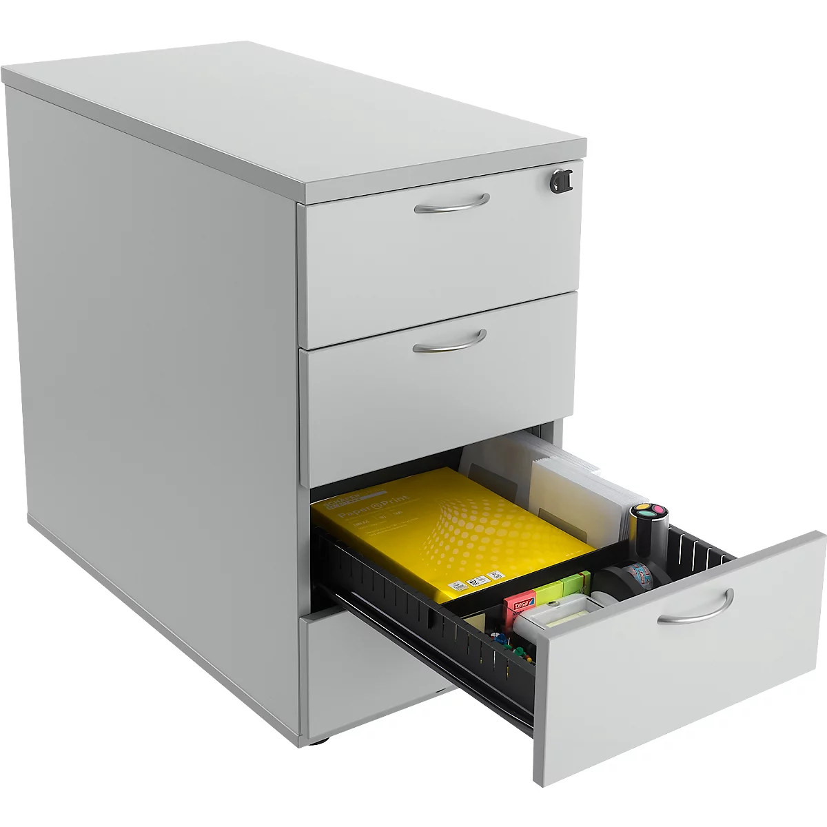 Grey filing cabinet with three drawers, one open. Contains folders, accessories.