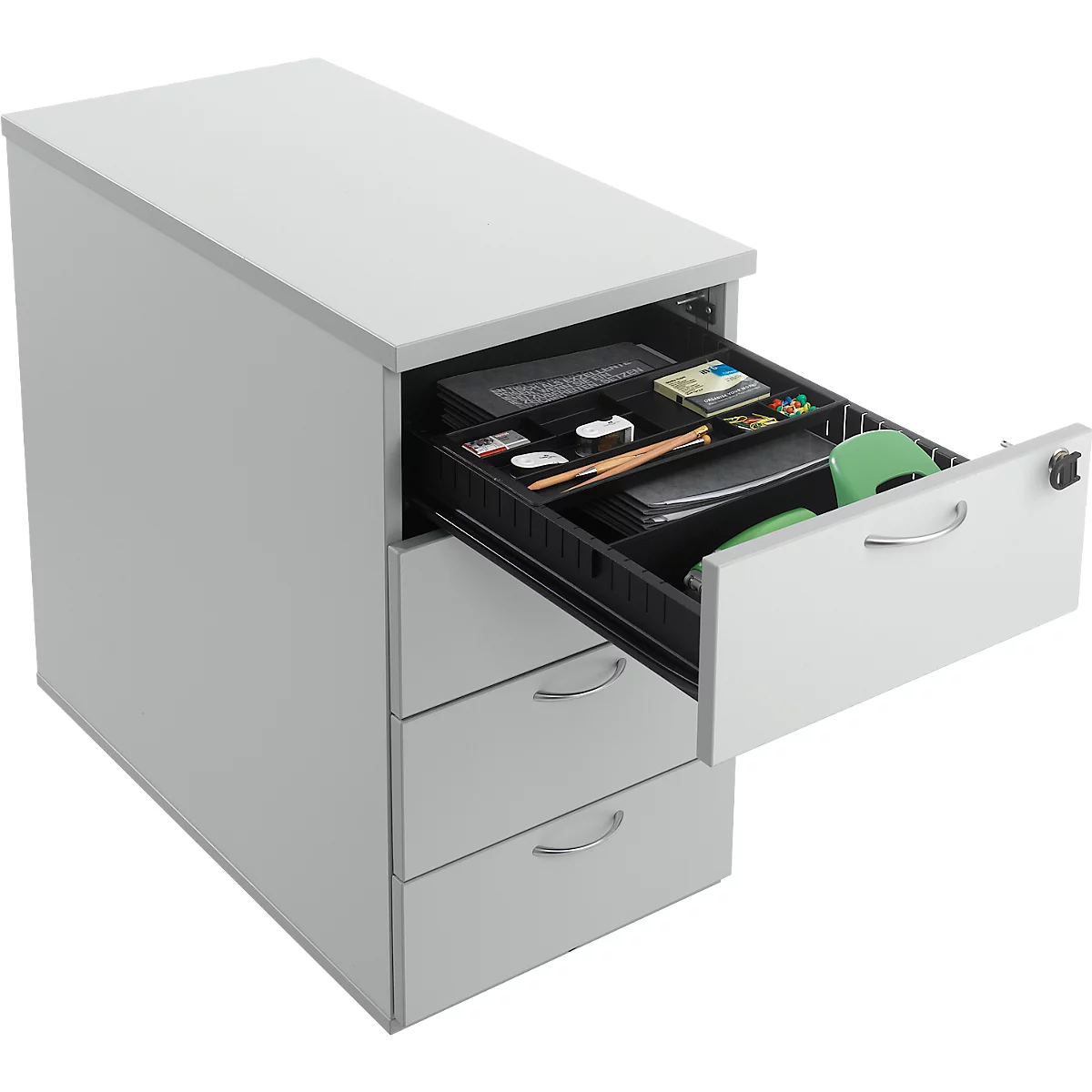 Gray desk container with an open drawer filled with office supplies such as pens, notes, and a hole punch.