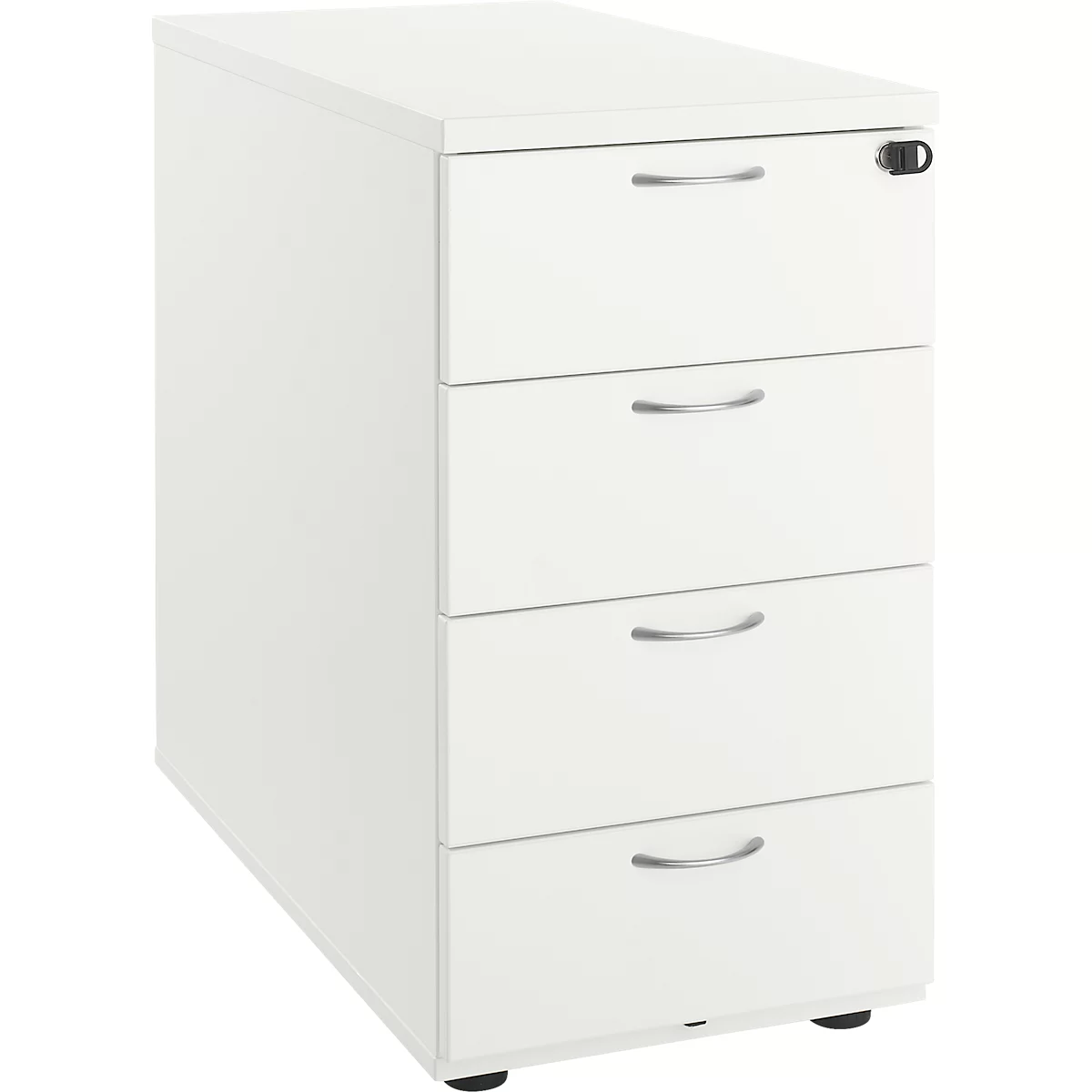White file cabinet with four drawers and silver handles. A lock is located on the top drawer.