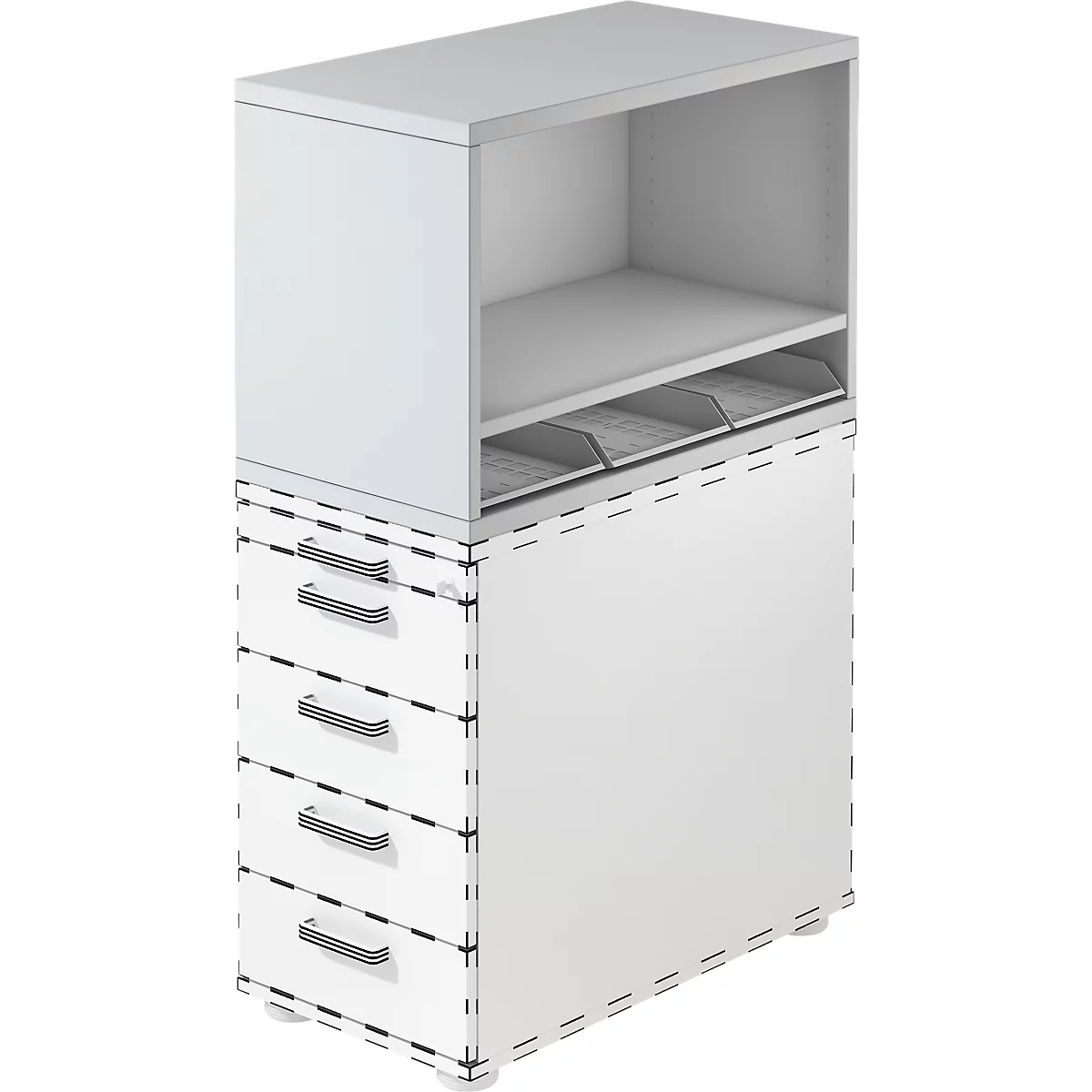 White shelf with drawers and open compartment. Black dashes on the edges, drawer handles.