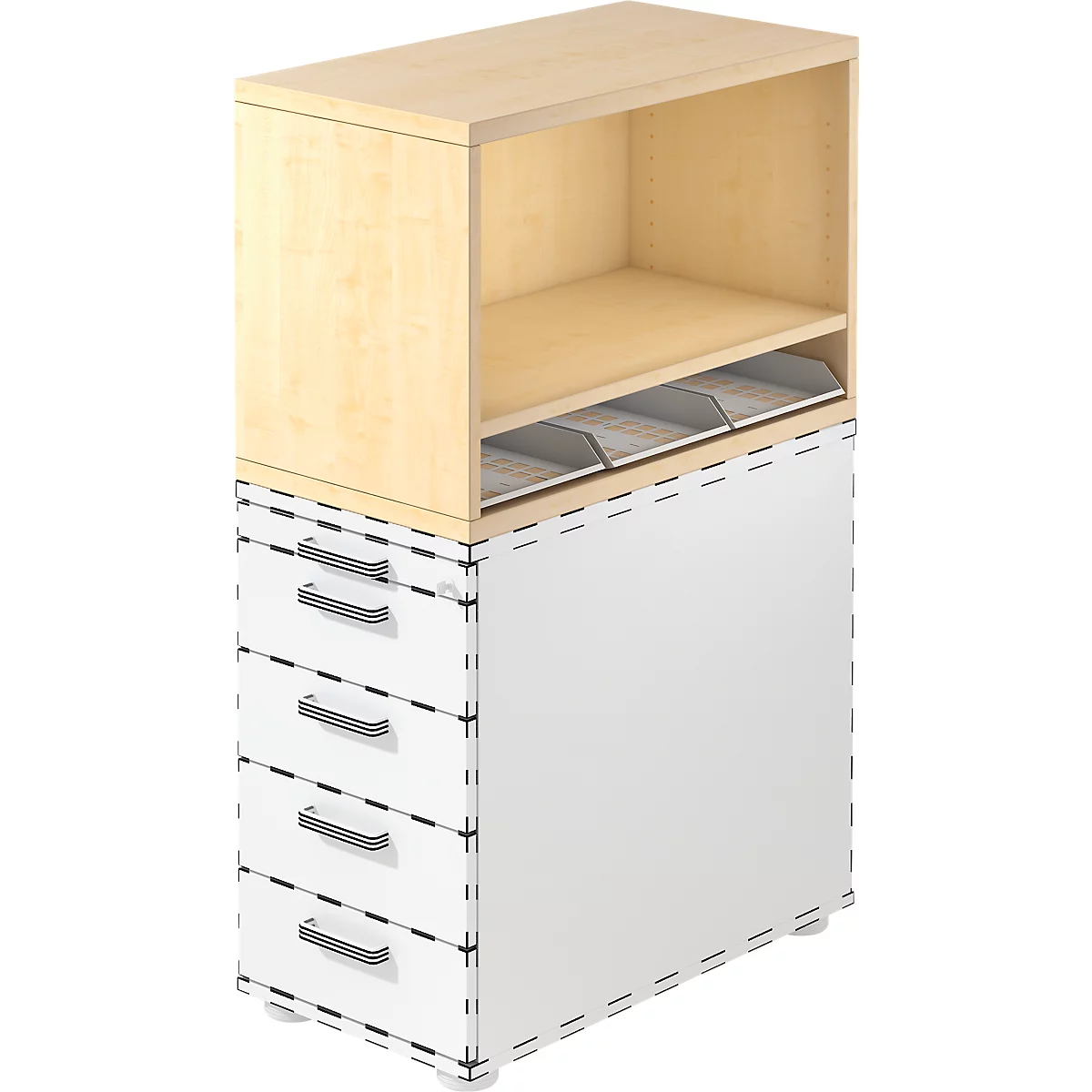 A tall, white filing cabinet with three drawers and an open shelf, light wood on top.
