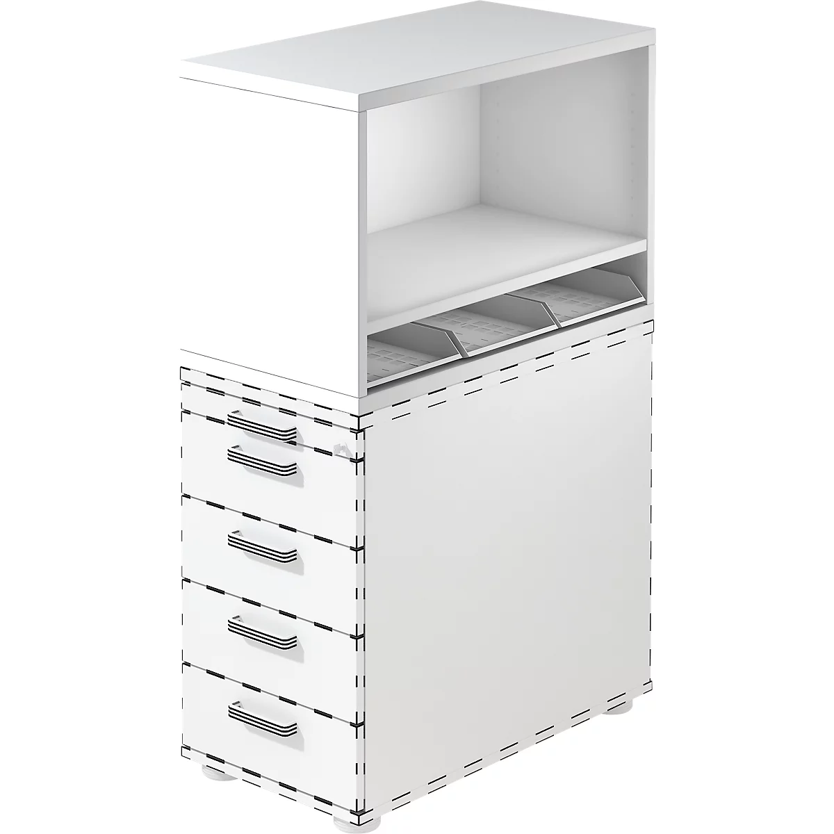White office shelf with drawers and open compartments, ideal for organization.