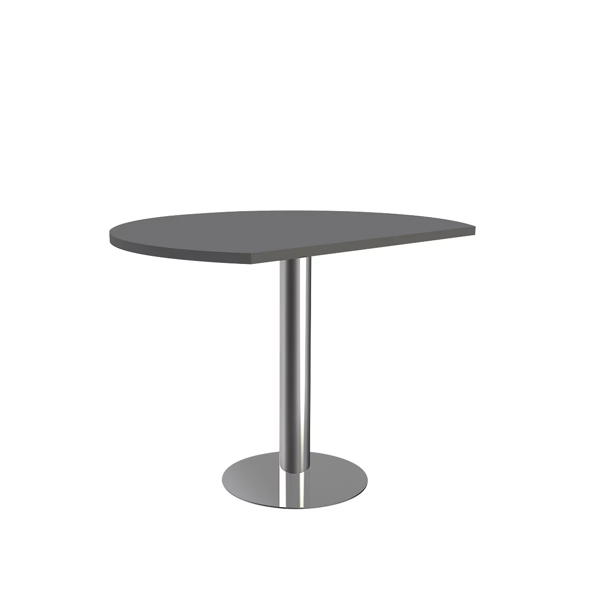 A semi-circular gray table with a silver column and a circular base, against a white background.