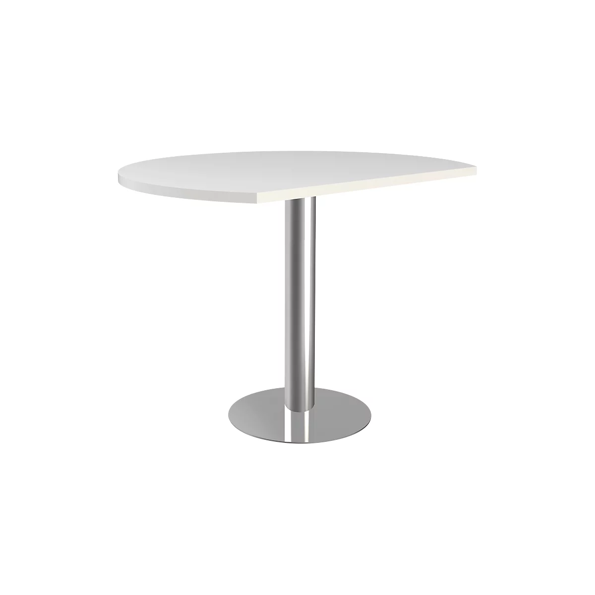 Half-circle white table with metal base on a white background.
