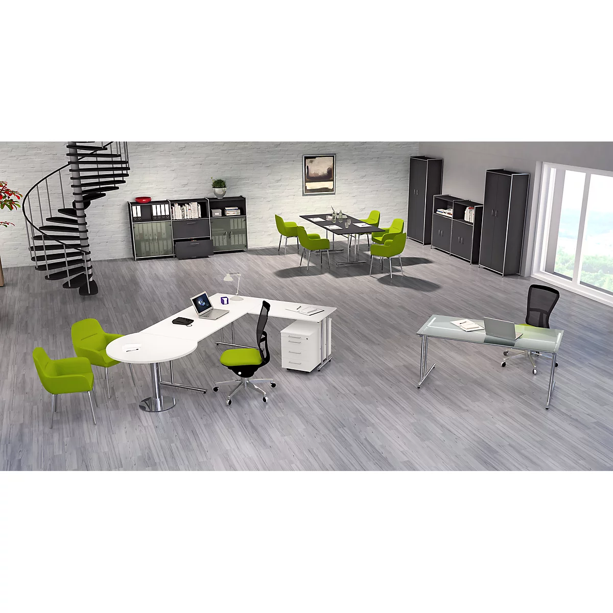 A modern office with desks, chairs, and a conference table. A spiral staircase in the background.