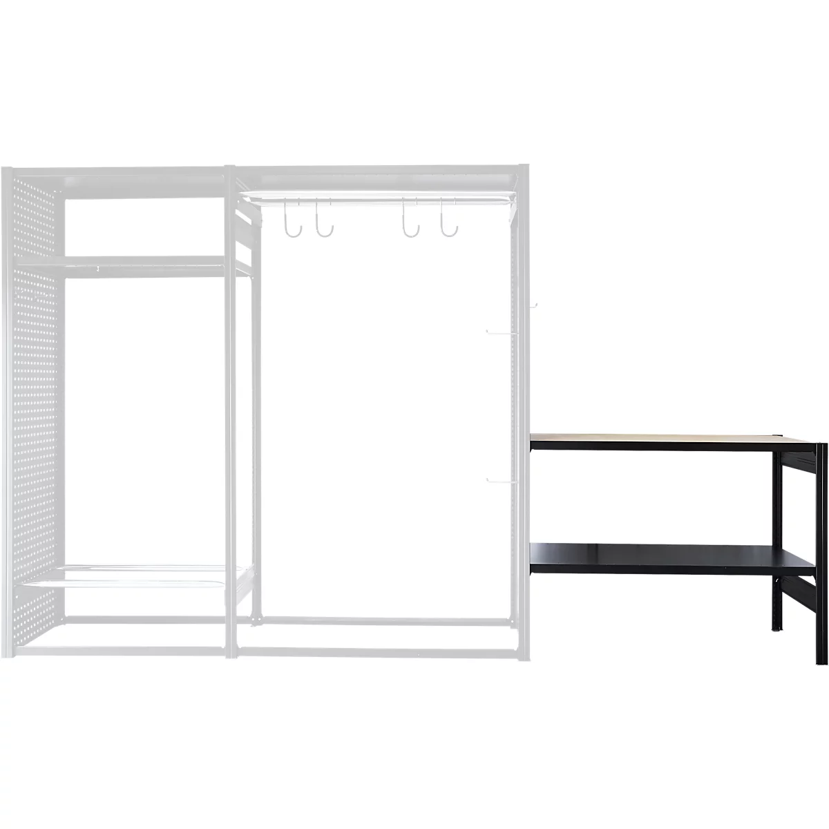 Black shelf with two shelves, next to a white wardrobe system. The shelf has a light wood top.