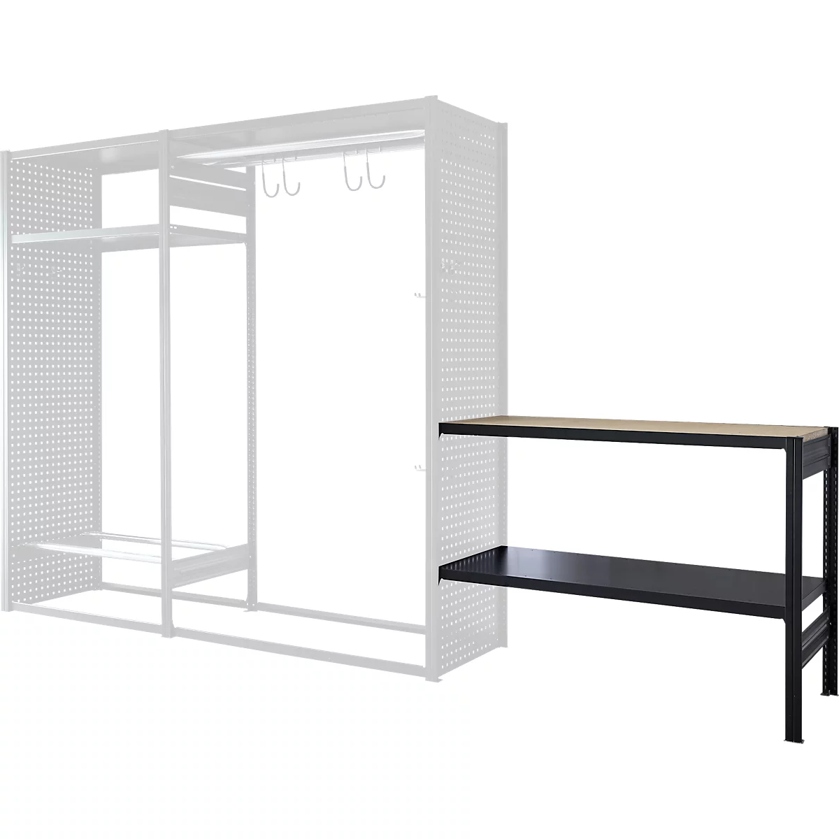 Black shelf with two shelves and wooden top. In the background a white shelf frame with perforated wall.