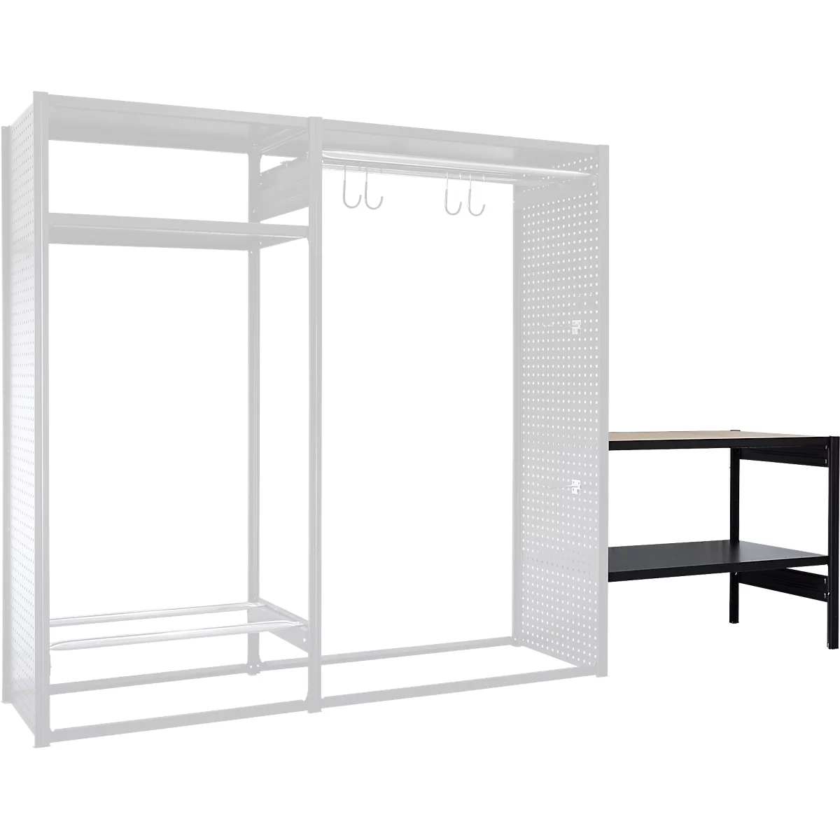 Grey open closet system, black side table. The closet system has hooks and perforated walls. The side table has two levels.