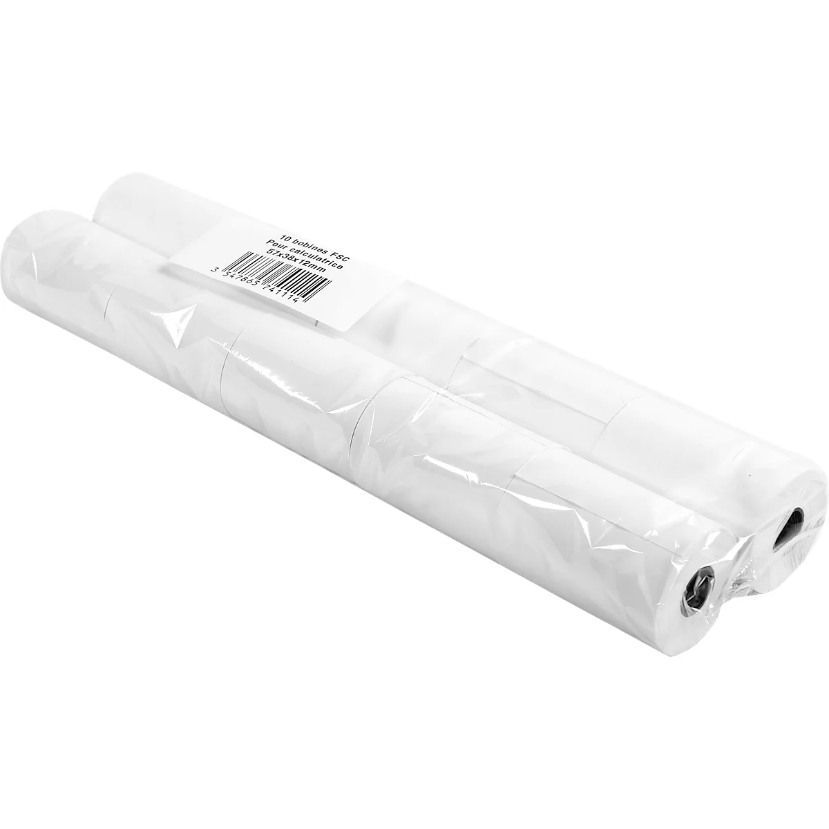 Two rolls of white paper, wrapped in foil, with label.