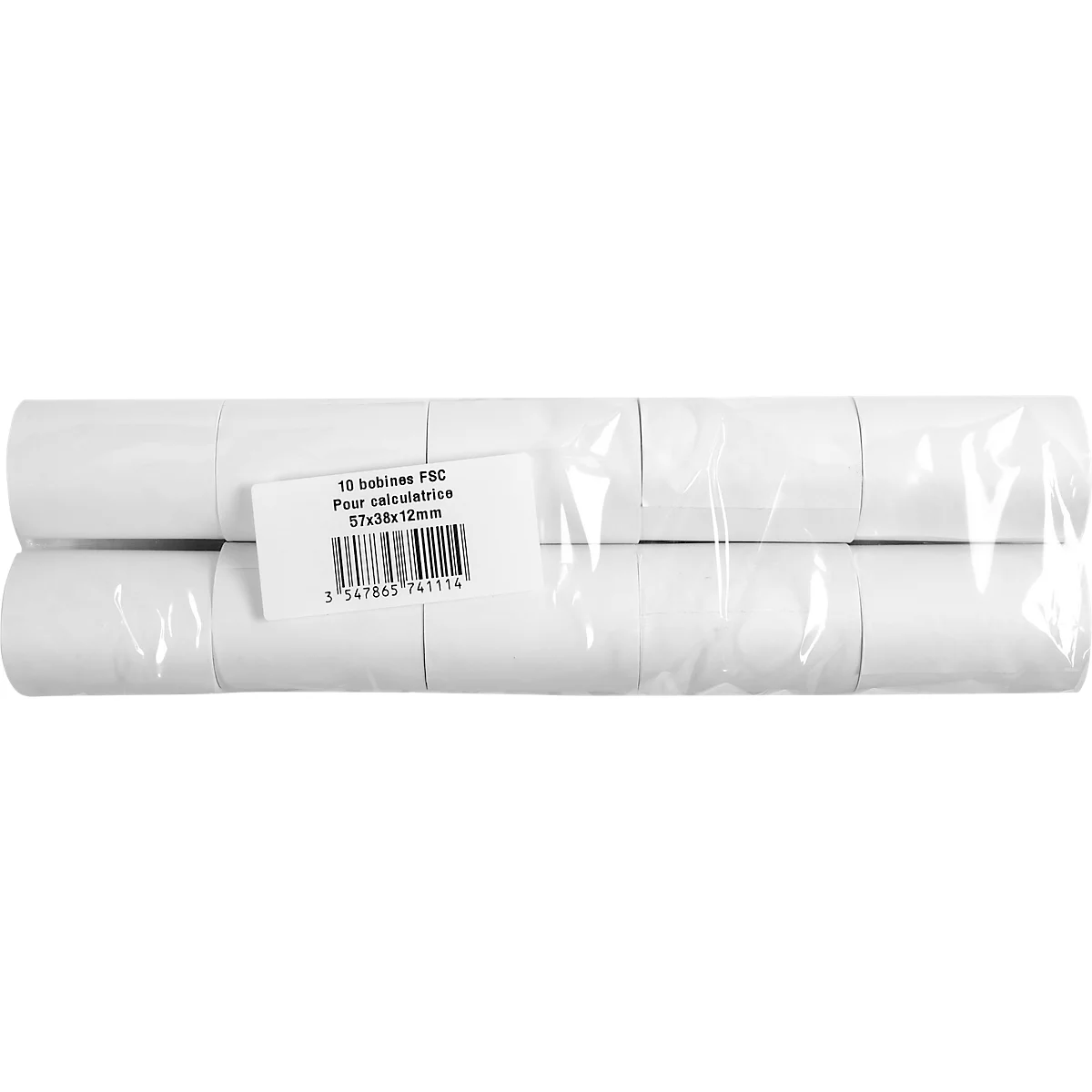 Two rolls of thermal paper packaged in plastic, with a label and barcode.