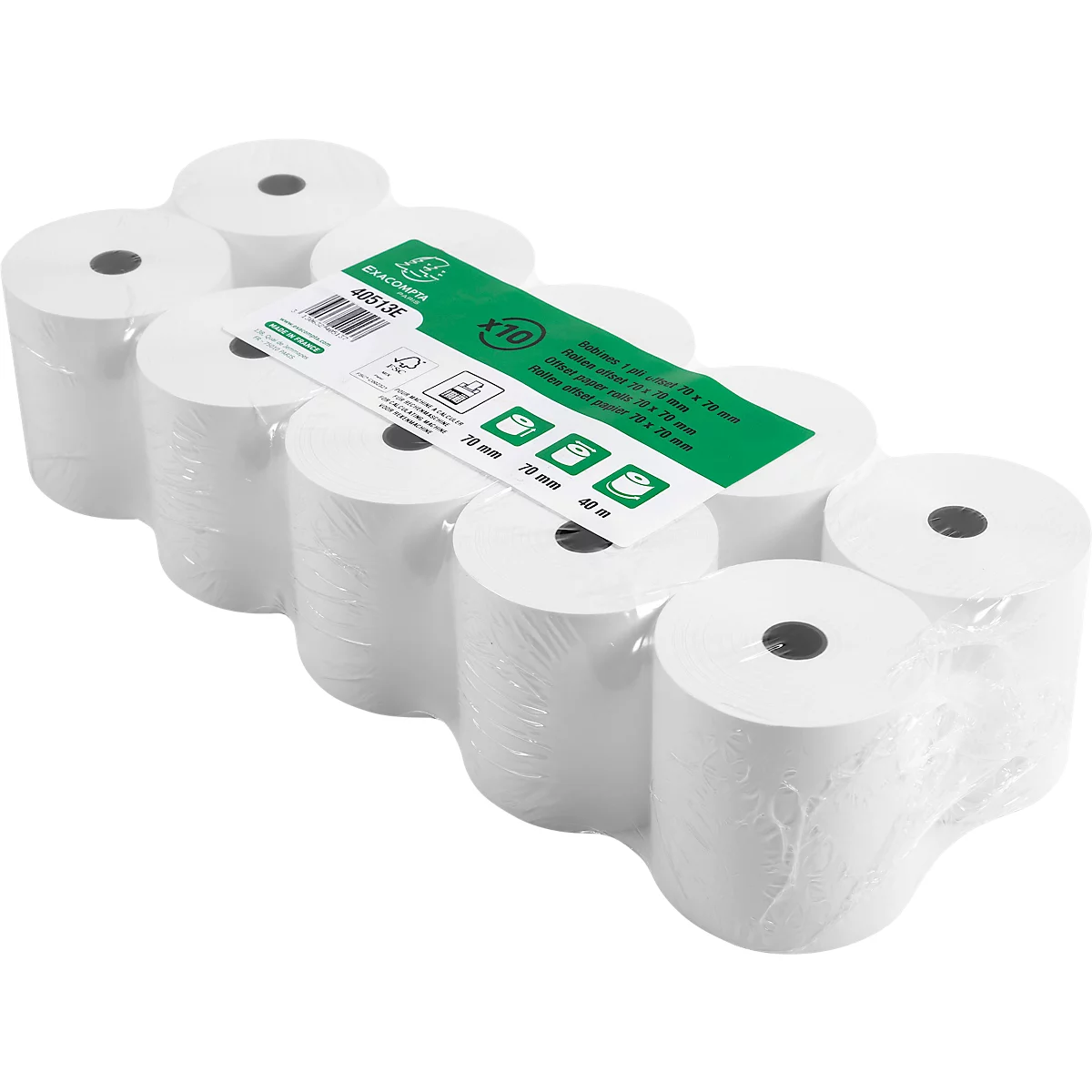 Pack of white thermal rolls for cash registers. On the top is a green label with product information.