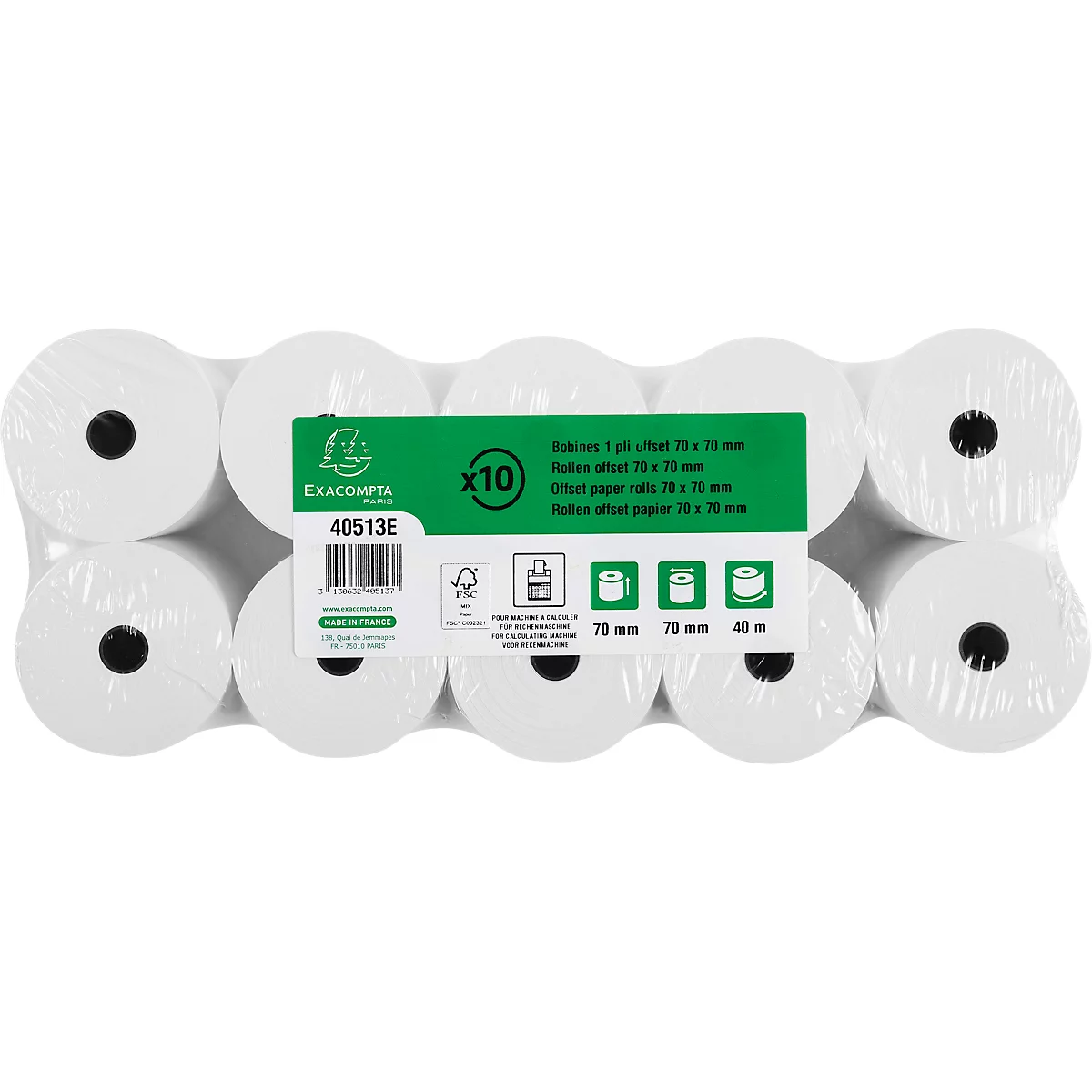 Ten rolls of white paper, wrapped in foil. Label with text and logo.
