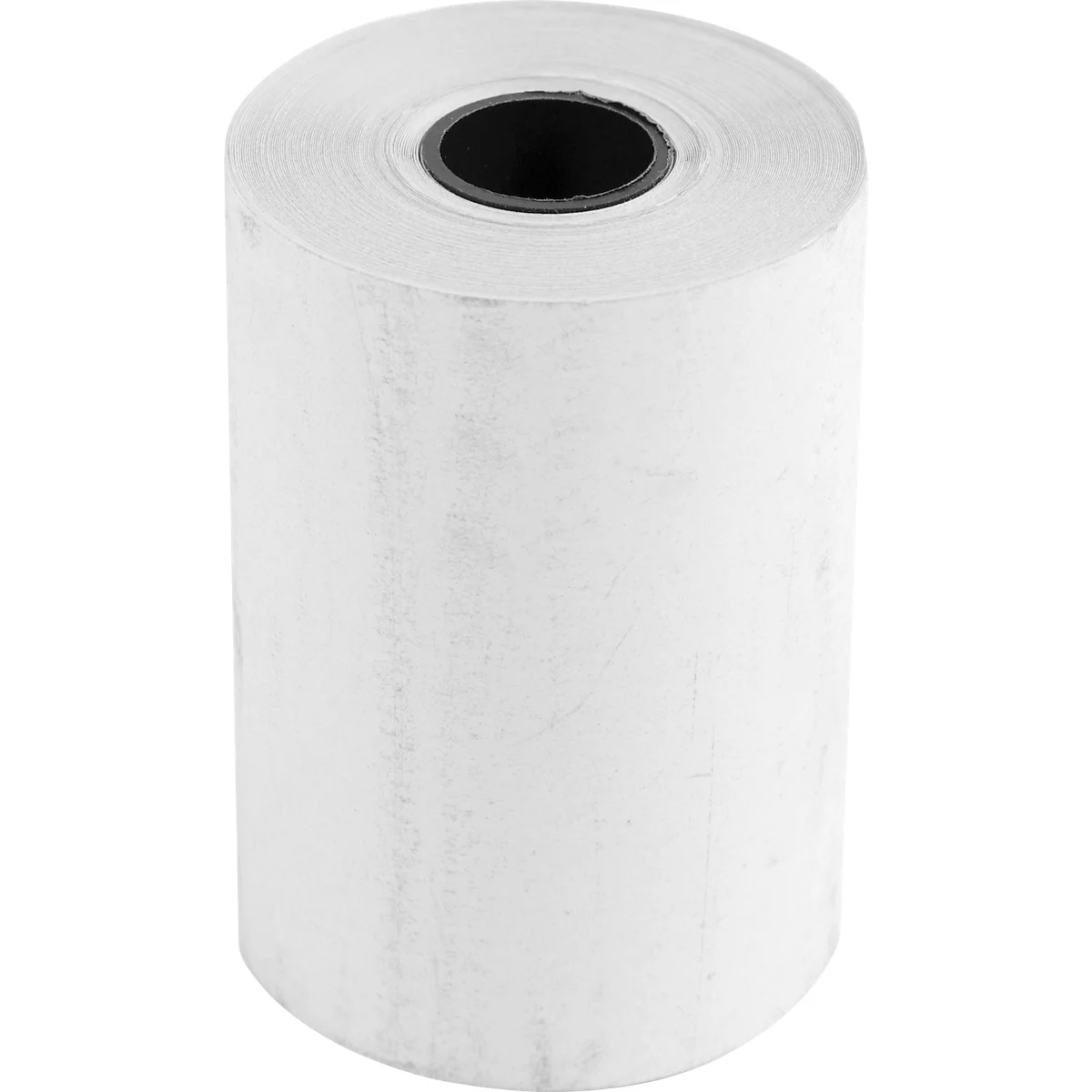 A roll of white thermal paper, with a black core.
