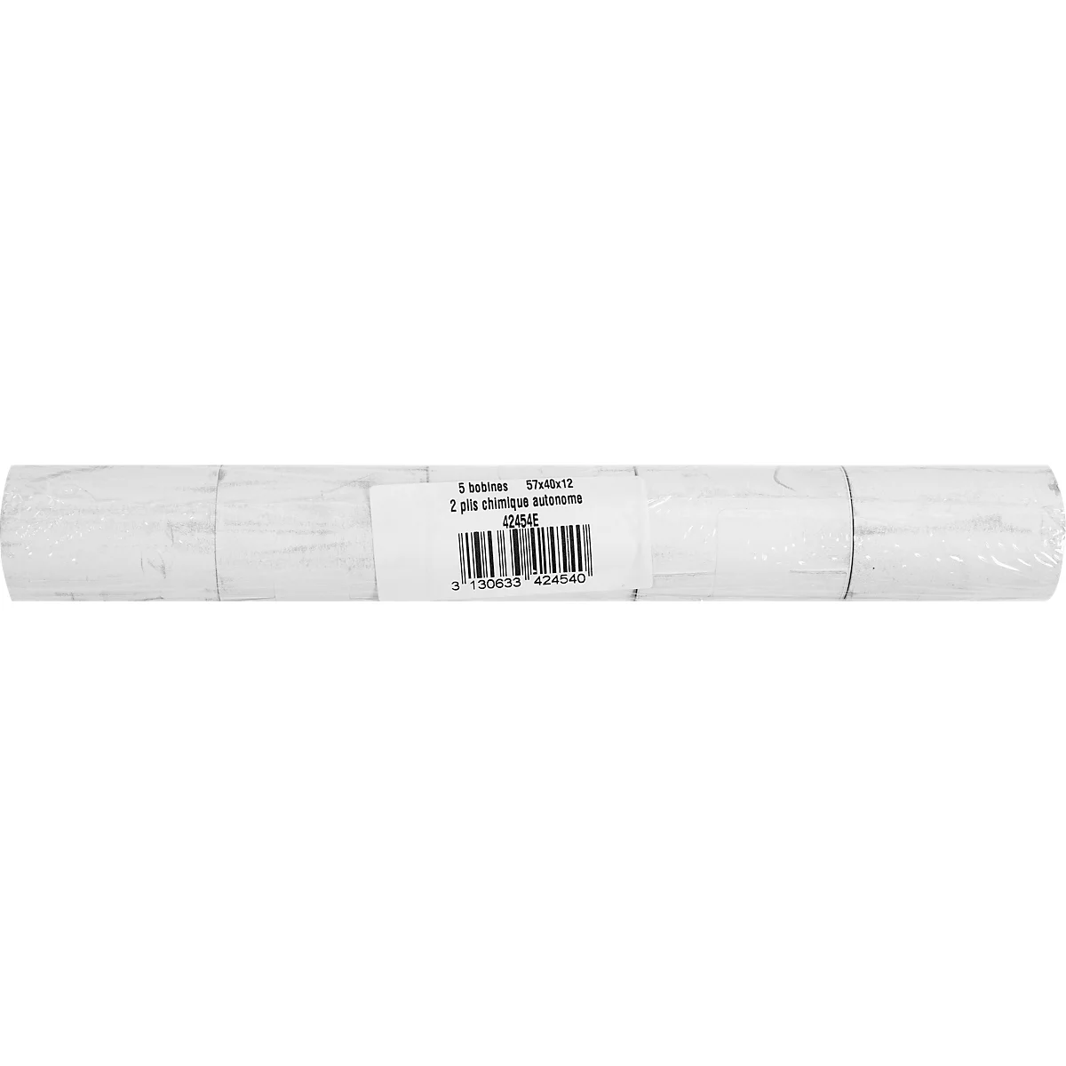 A roll of white paper, with label and barcode.