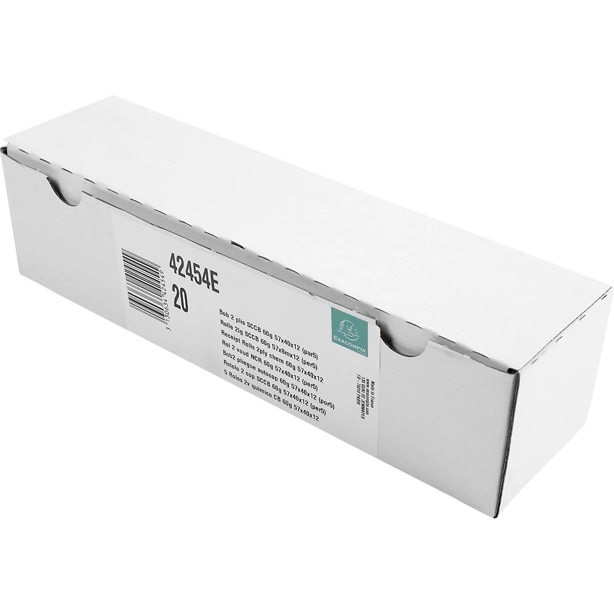White elongated product packaging. Printed are a product number, barcode, and text.
