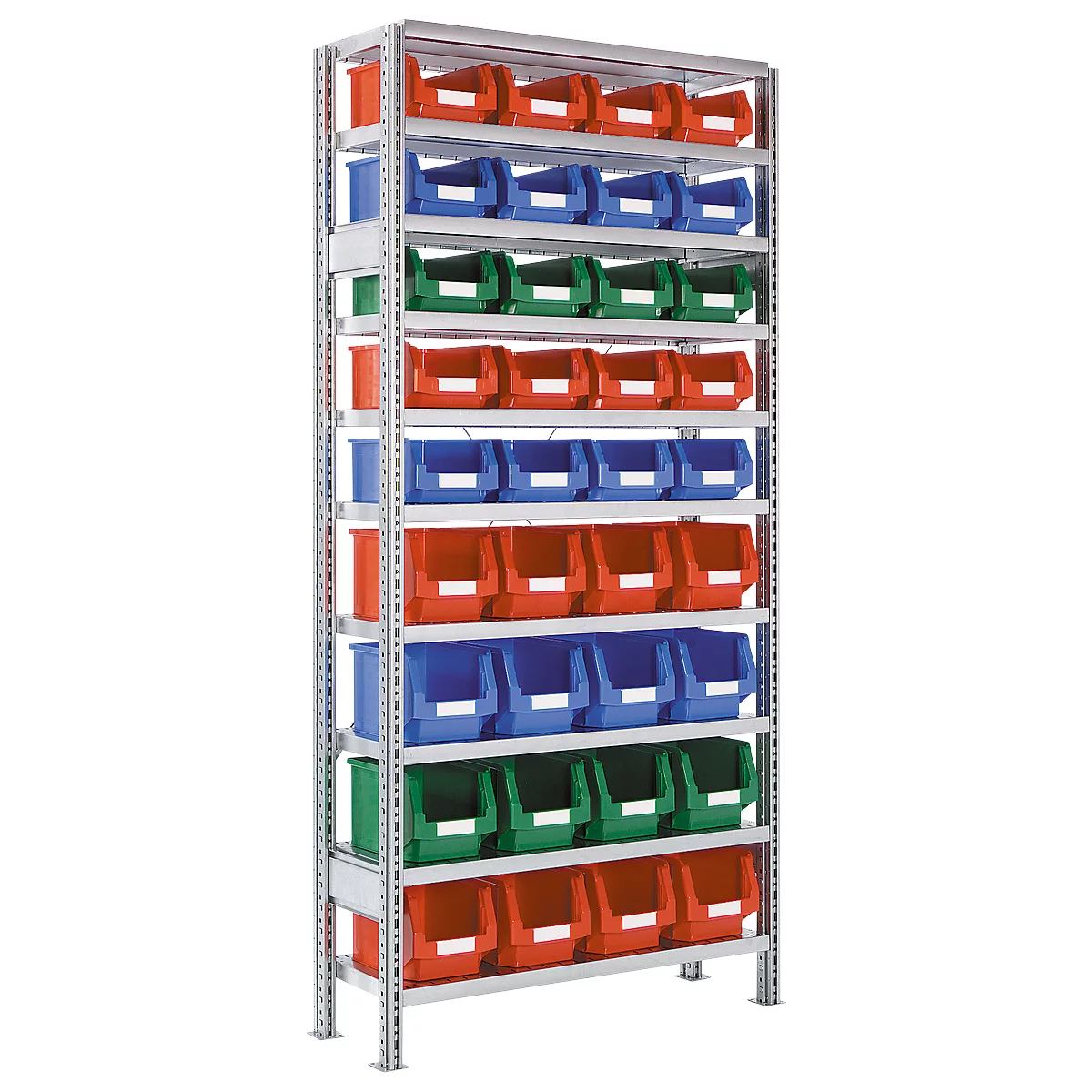 Metal rack with colorful plastic bins.