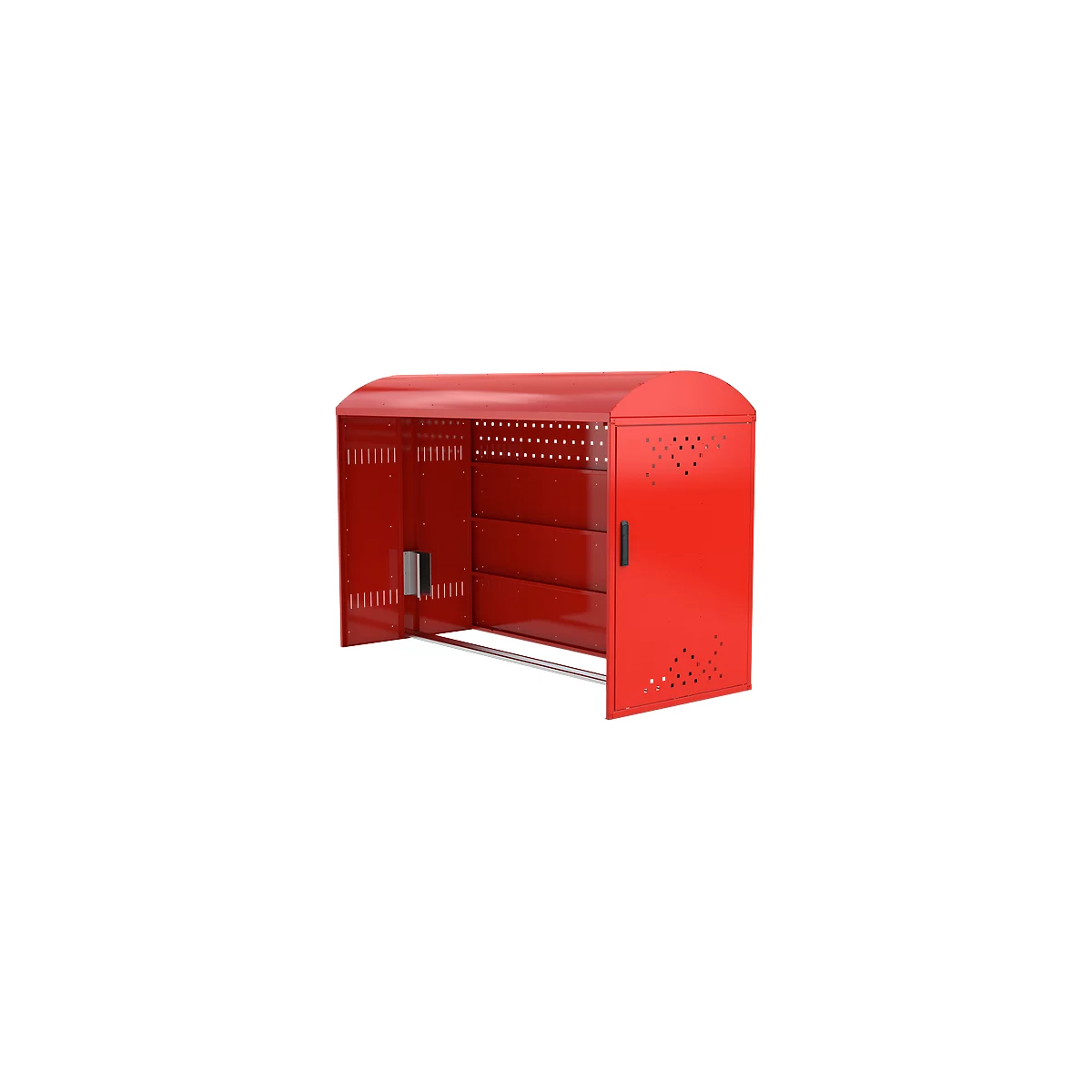Red bicycle locker with open door. It has round cutouts and crossbars.