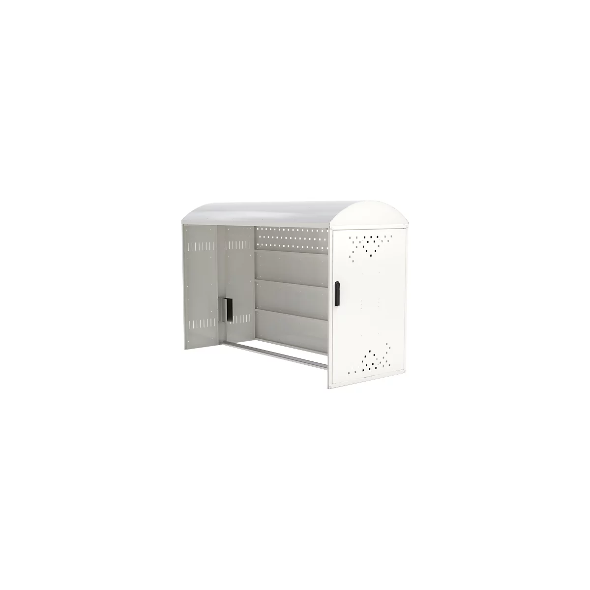Grey metal cabinet with door and openings; light grey background.