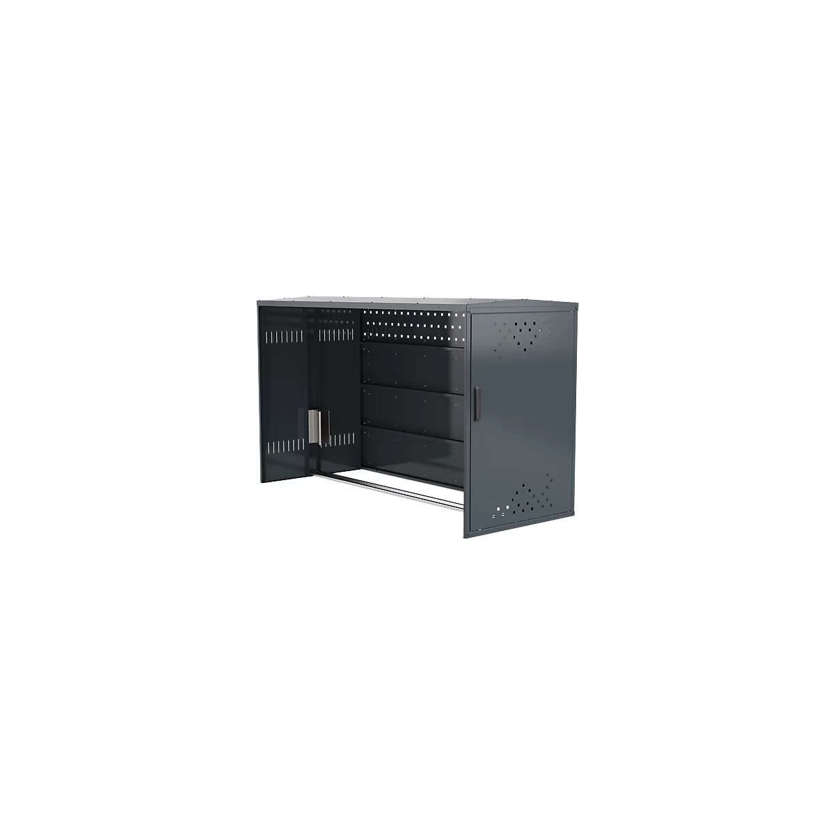 Dark gray bicycle storage cabinet with perforated surfaces, open door, and silver bar.