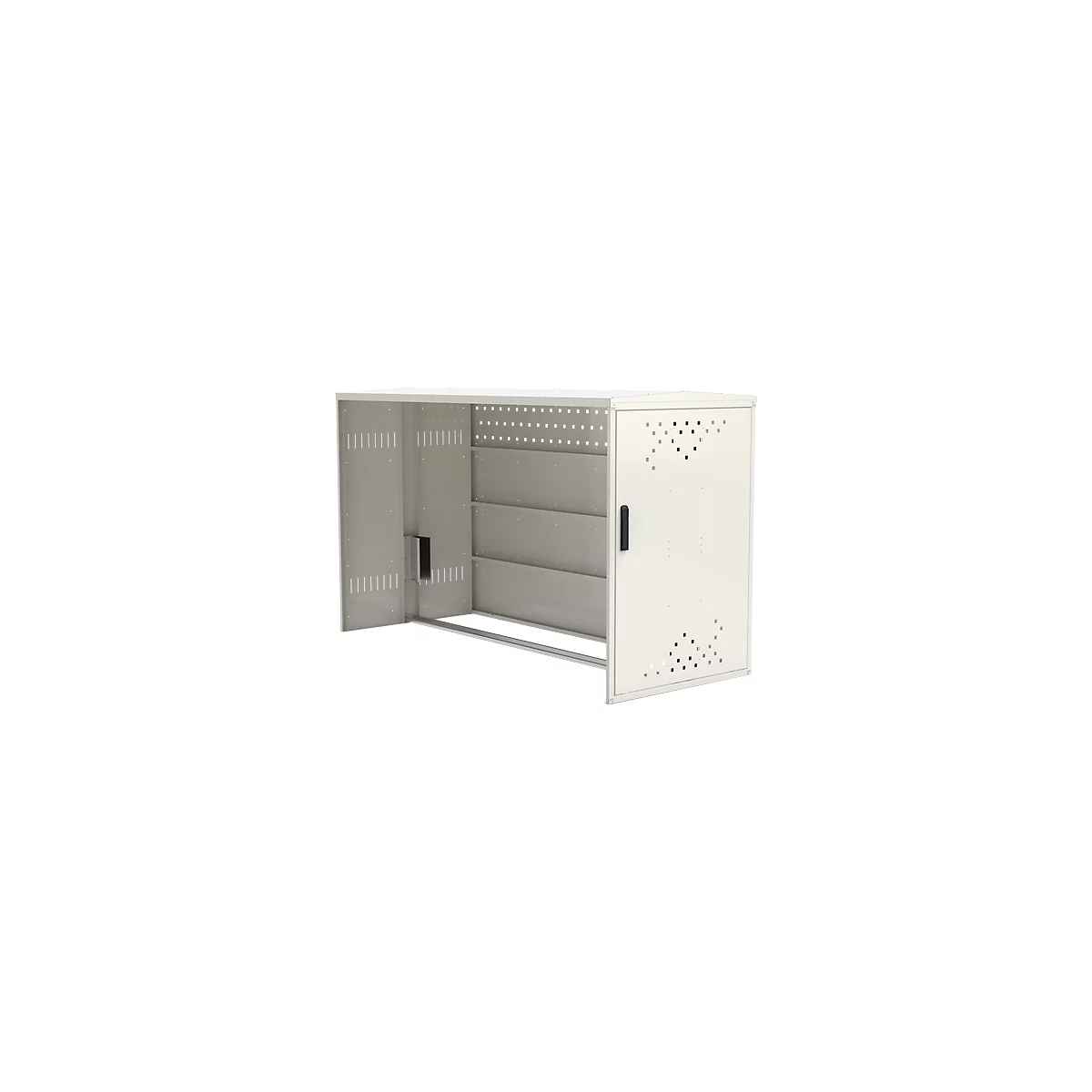 Cream-colored metal cabinet. Rectangular shape with door and ventilation holes.