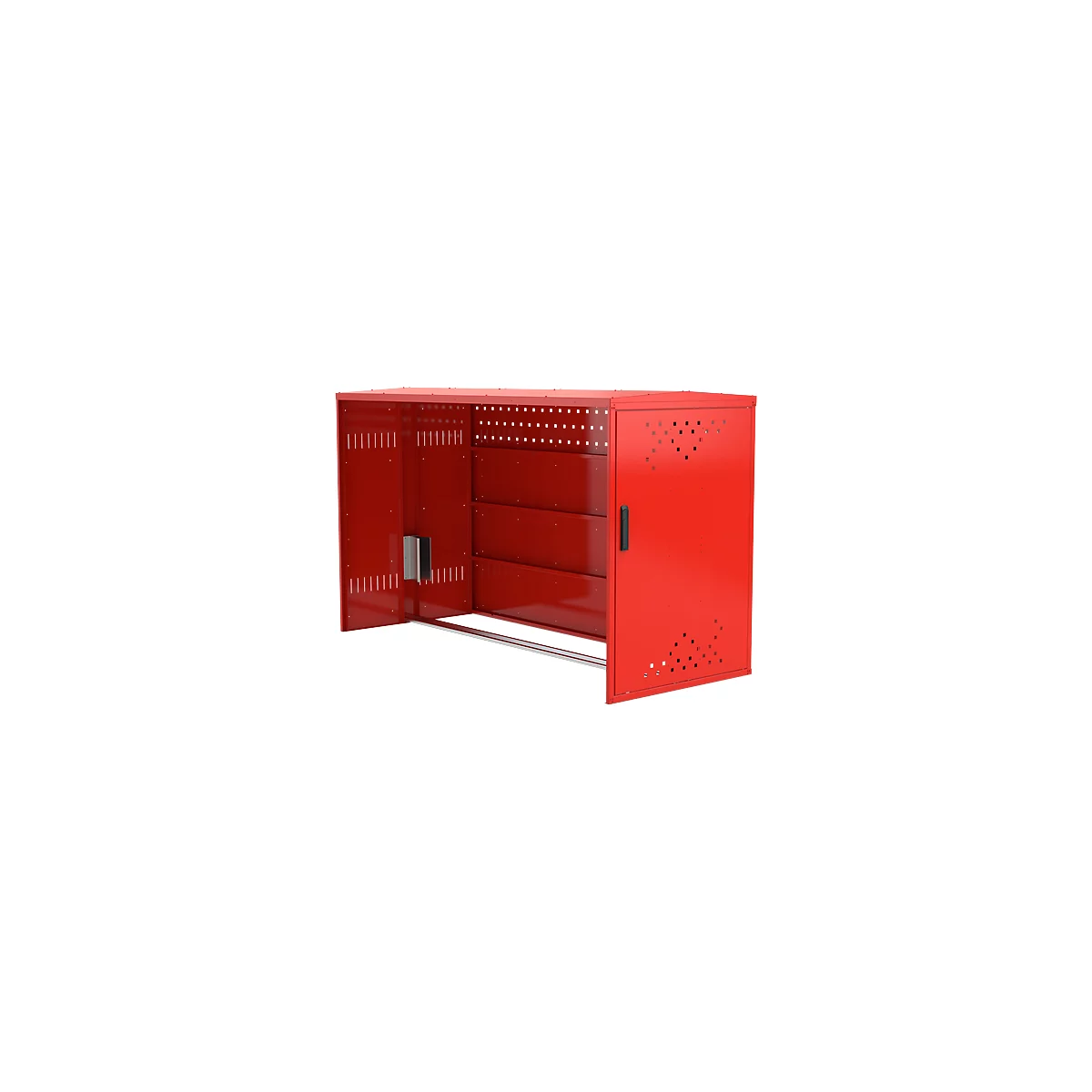 Red metal cabinet with open door. Holes and slits decorate the surface. Below, a bar and three compartments.