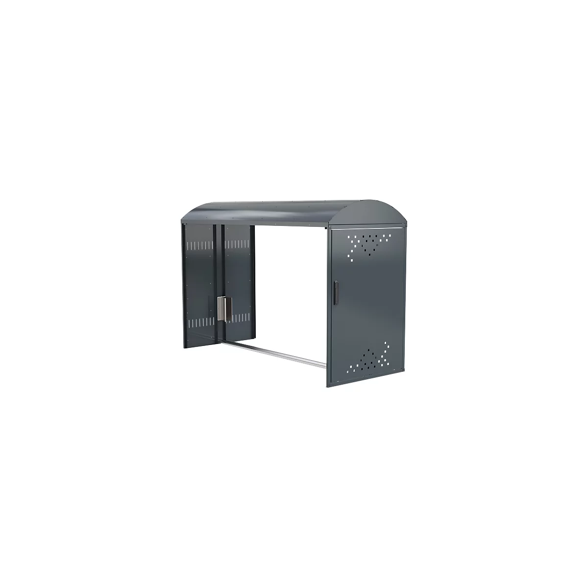 Grey, covered bicycle stand. The sides are open, the door has holes.