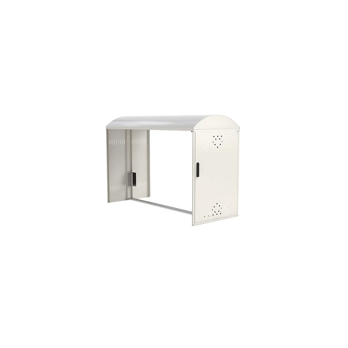 White bicycle shelter with roof and door on a white background.