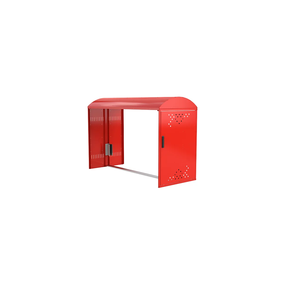 Red bike shed with curved roof and door. On the left side are ventilation slots and a metal box. On the right is a door with holes.