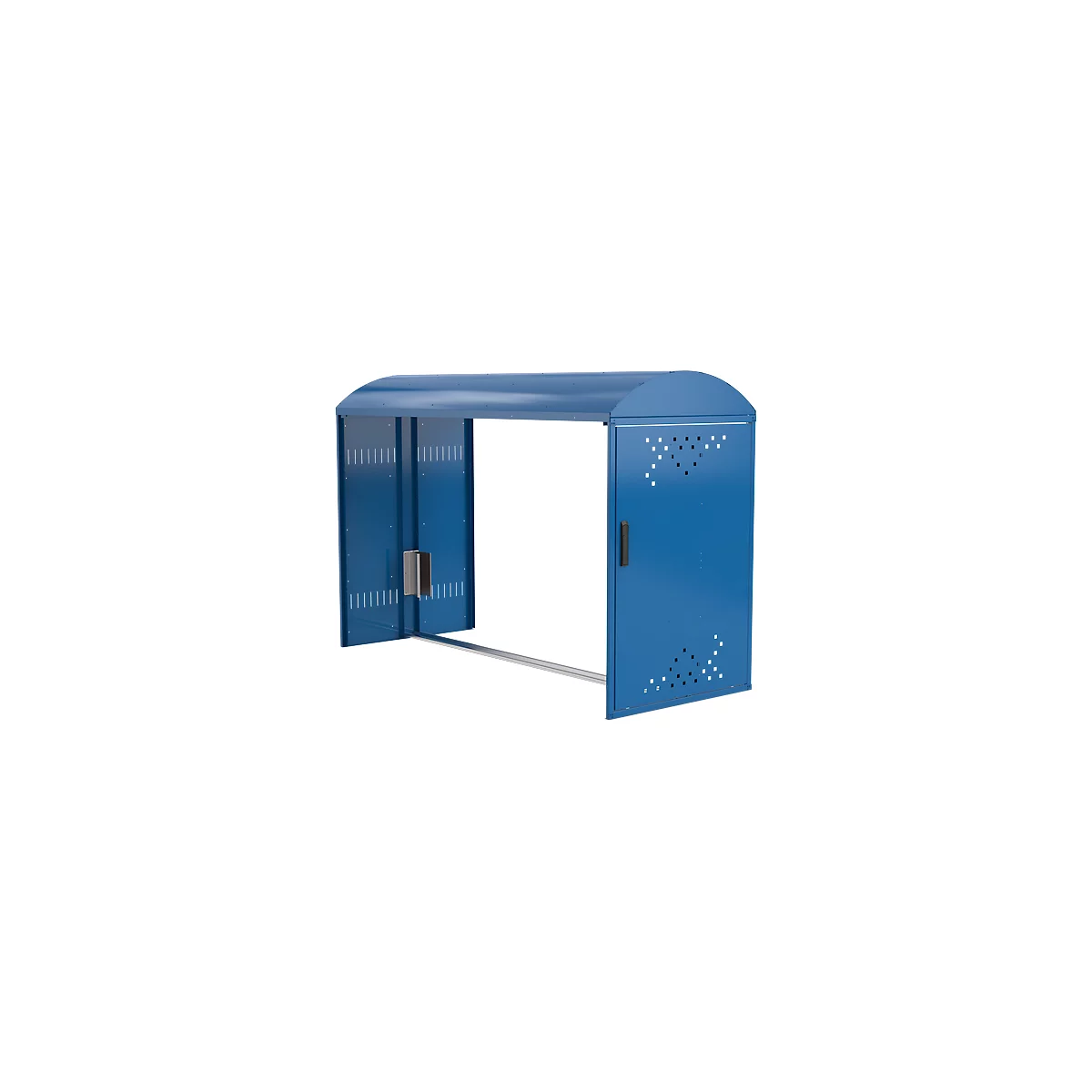 Blue bike garage with a curved roof and door with handle.