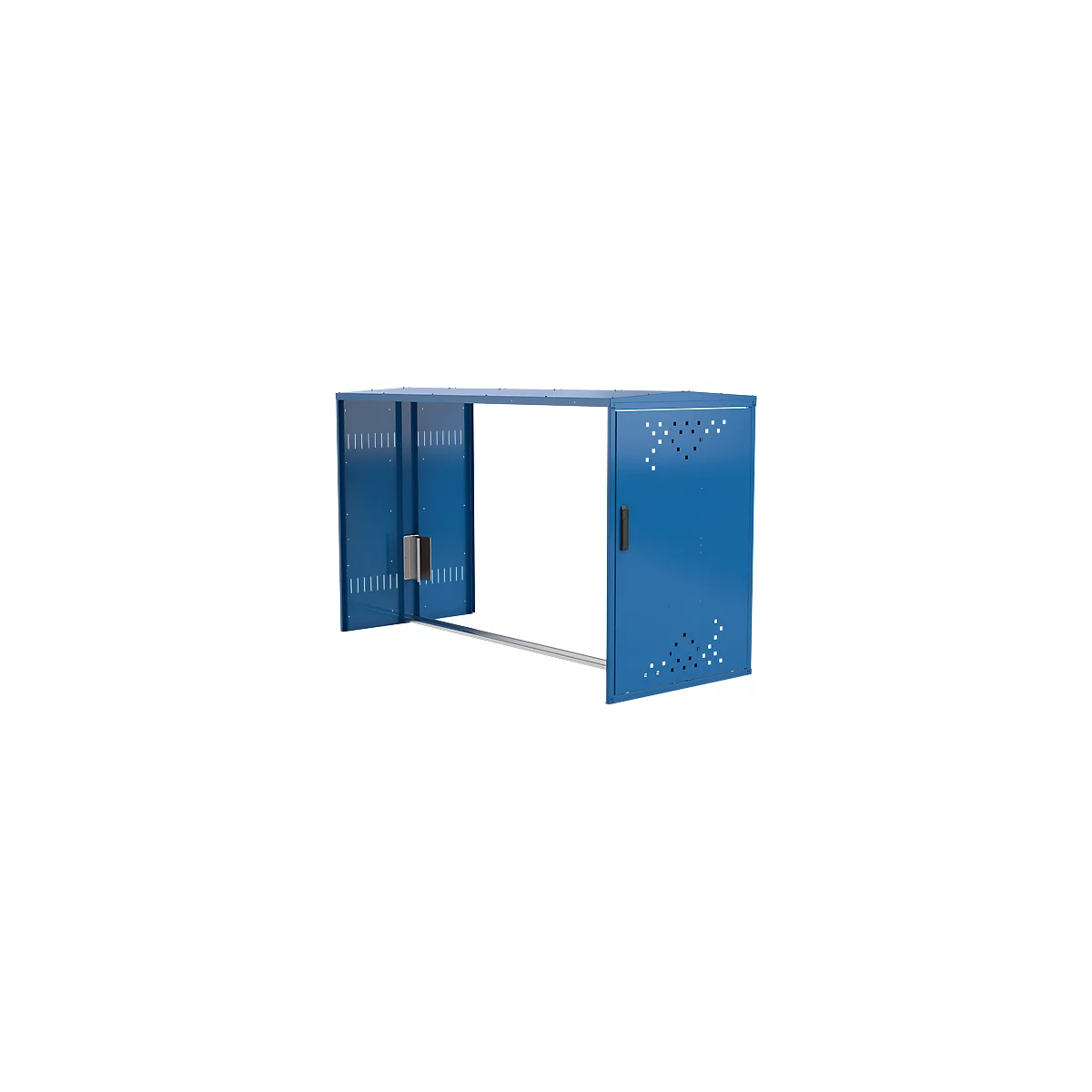 Blue metal cabinet with one door and perforated patterns. On a white background.
