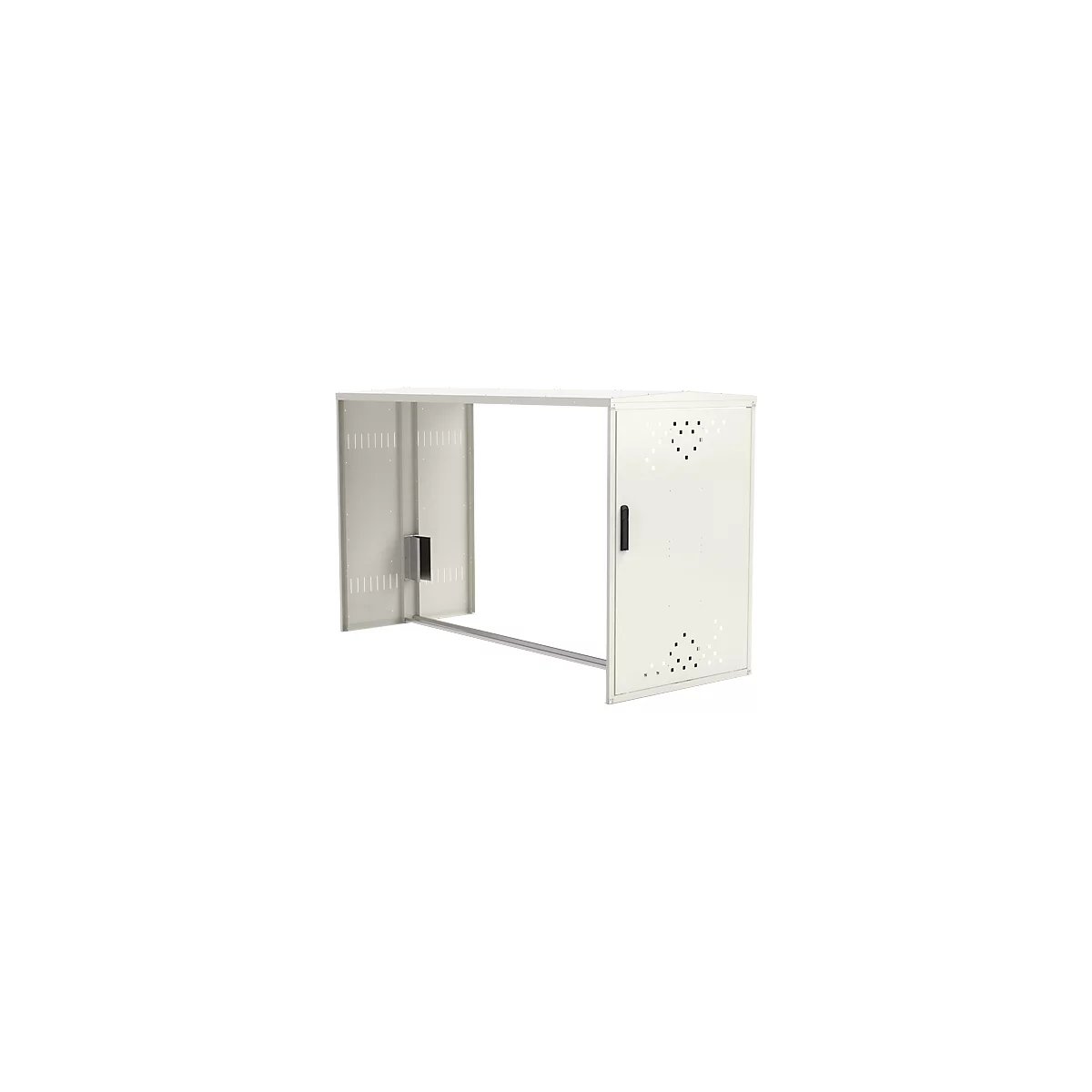 White metal cabinet with door, handle, hole patterns. Open cabinet, rectangular, with crossbar at the bottom.