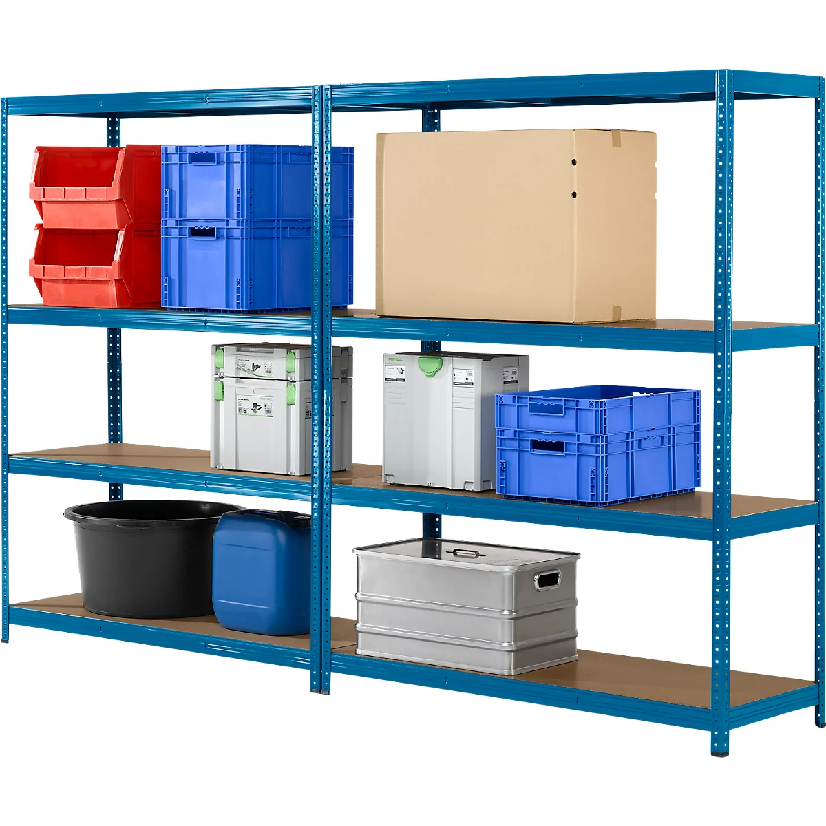 Blue heavy-duty shelving unit with various stored items: containers, boxes, canisters.