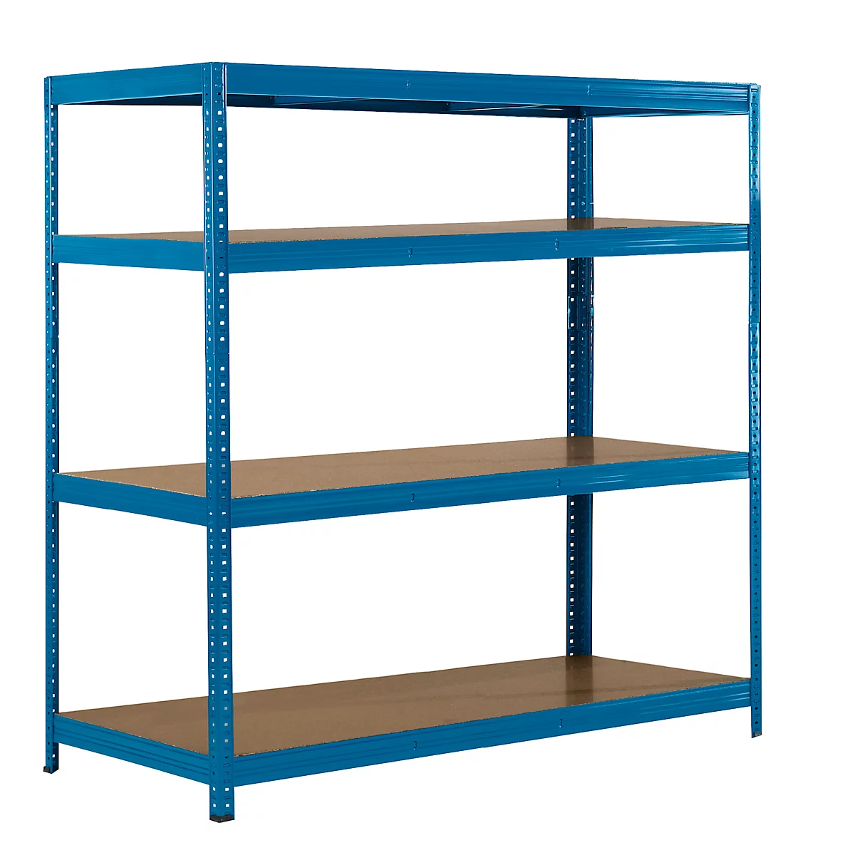 Blue four-tier shelving unit with light brown shelves. Metal frame on white background.