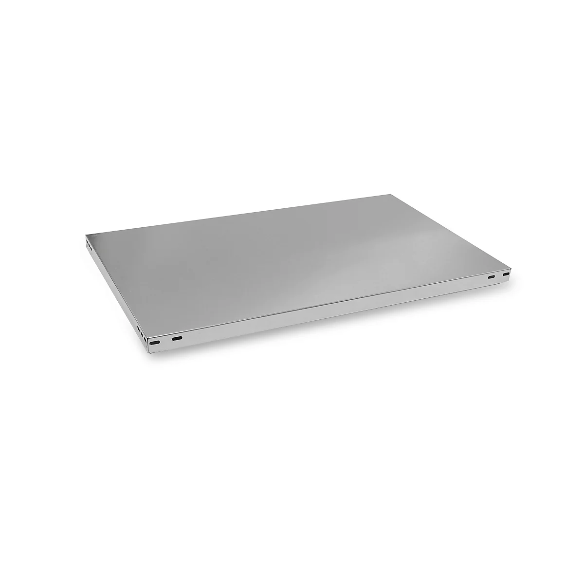 A rectangular, silver-colored shelf board against a white background. The board is shown at a slight angle.