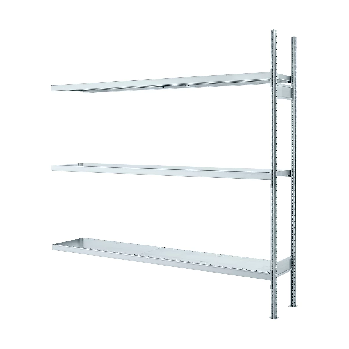 Metal rack with three shelves, white on a light background. The shelves are empty. A vertical support carries the structure.