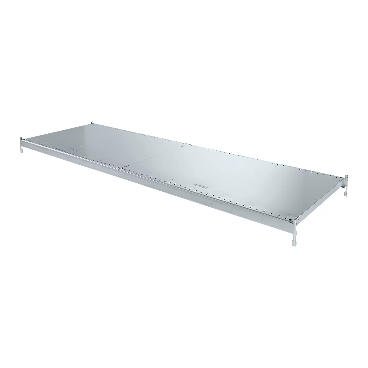 A metal shelf, shown in perspective. It is silver and long, with holes and feet.