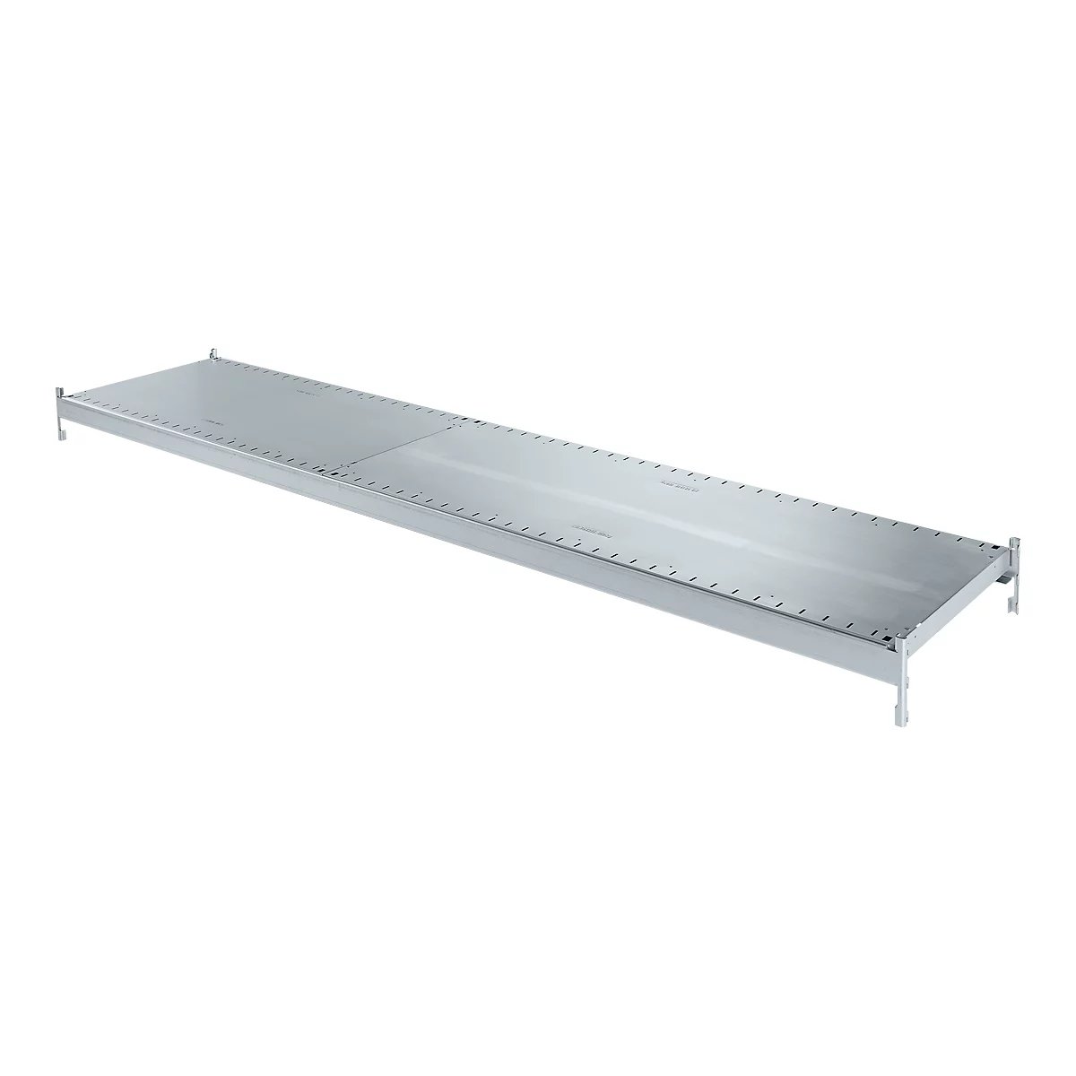 A metal shelf with corner feet and many small rivets along the edges, against a white background.