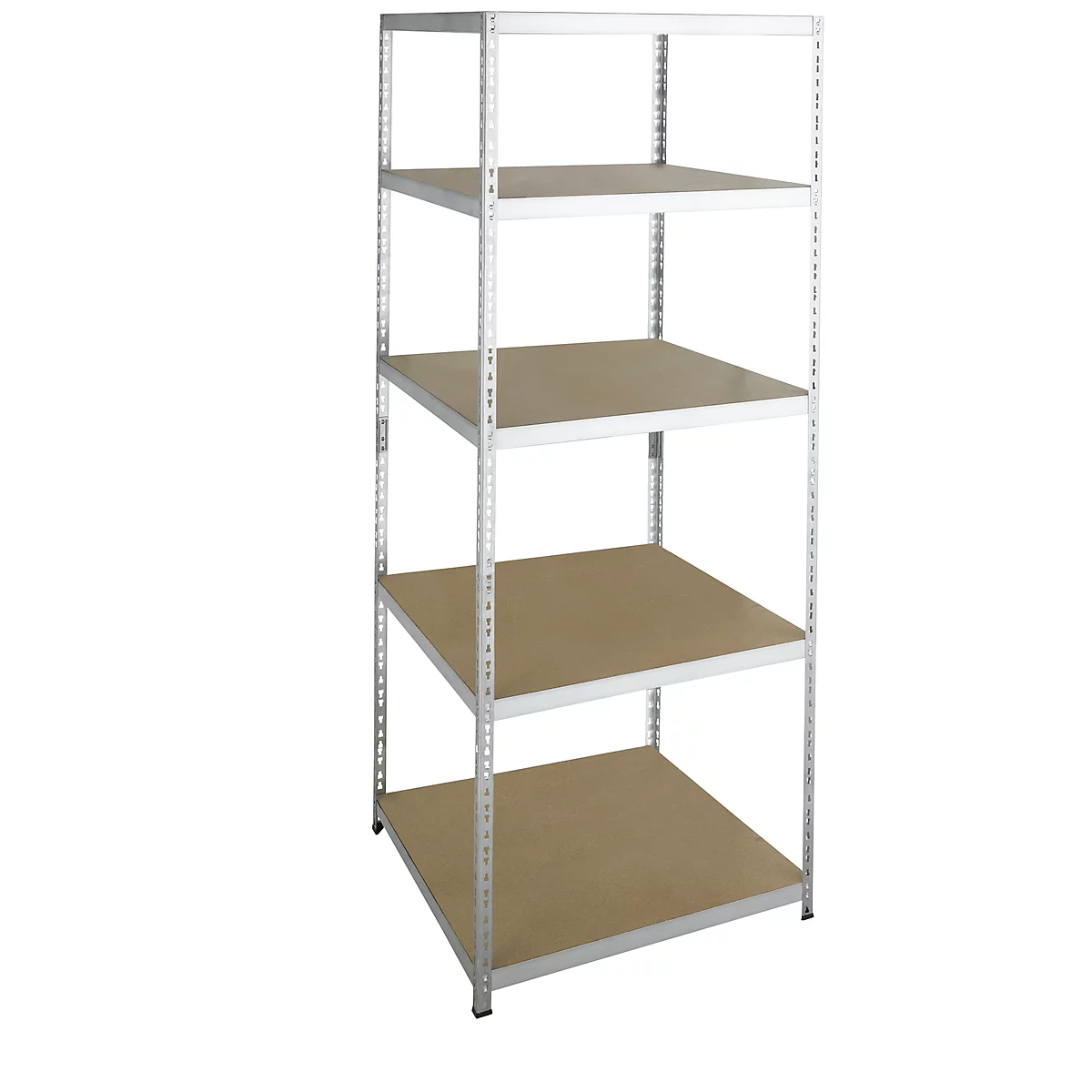 A white metal shelf with five wooden shelves. It stands against a white background.