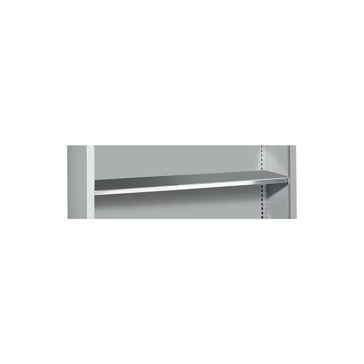Metal shelf with a single shelf, light gray, against a light background.