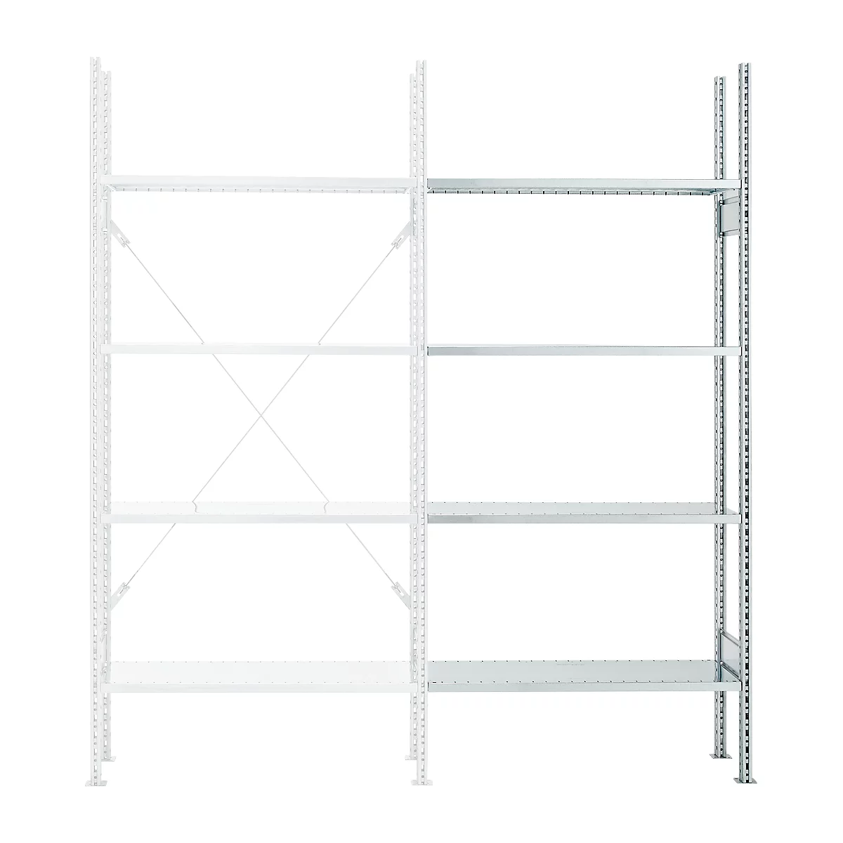Metal shelving unit with multiple levels, painted white, against a white background.