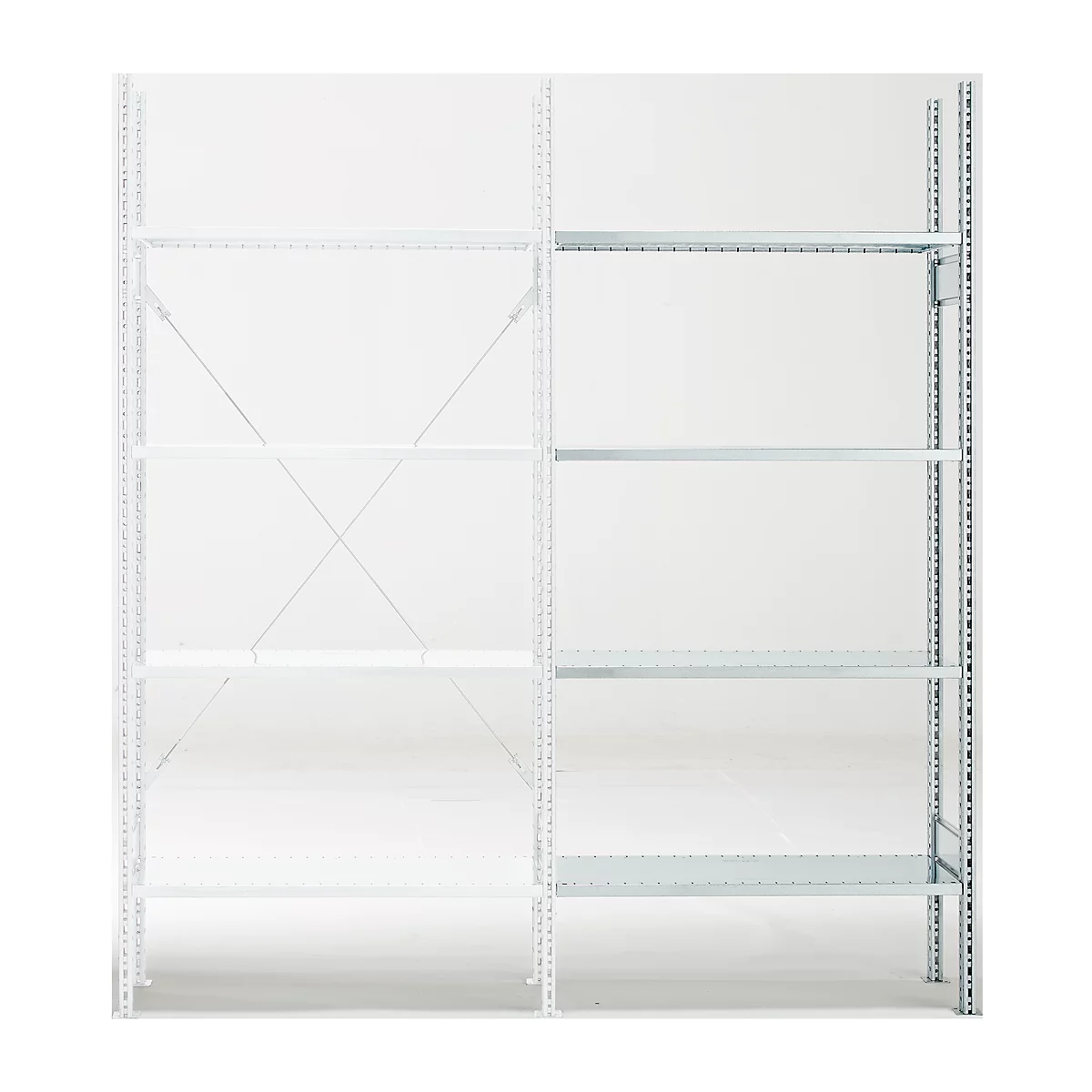 Metal shelf, white; frame, shelves, diagonal struts. On a light background.