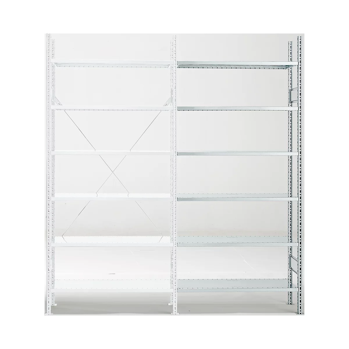 White metal shelf with several horizontal shelves. Once with bracing, once without. The background is white.