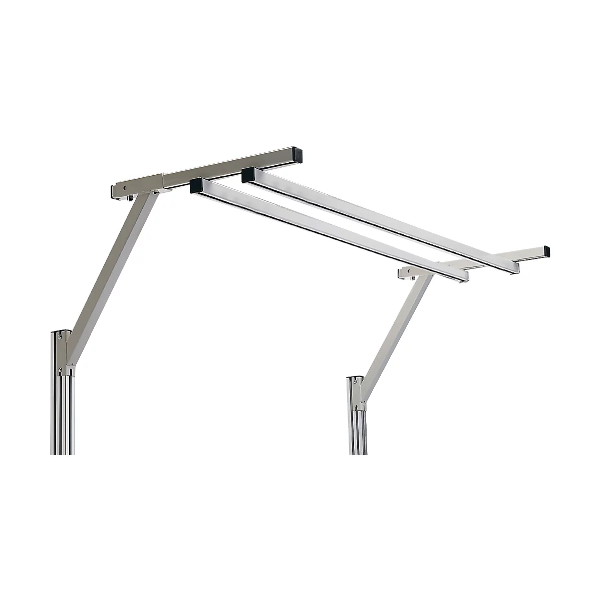 Silver-colored shelf bracket for the wall. Angle for attachment, two horizontal struts, shown in detail.