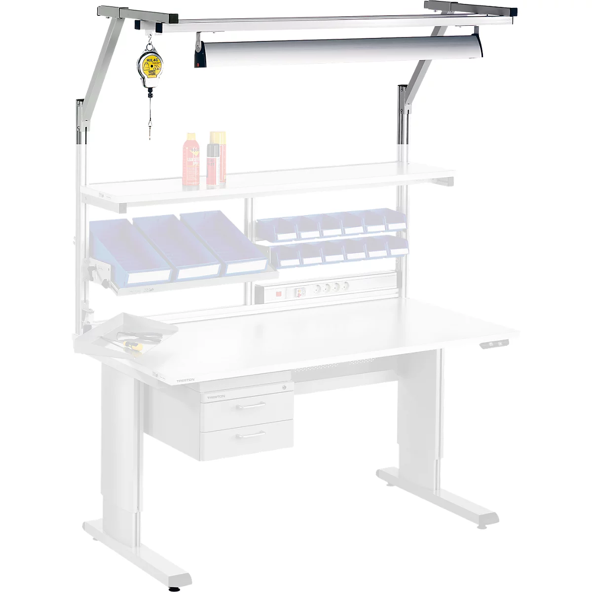 Workbench with overhead construction and accessories, all in white.