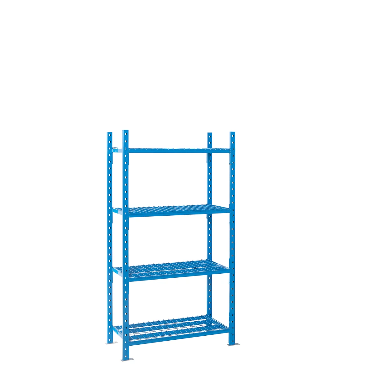 Blue shelving unit with four tiers, set against a white backdrop. Features grid shelves and rectangular frame legs.