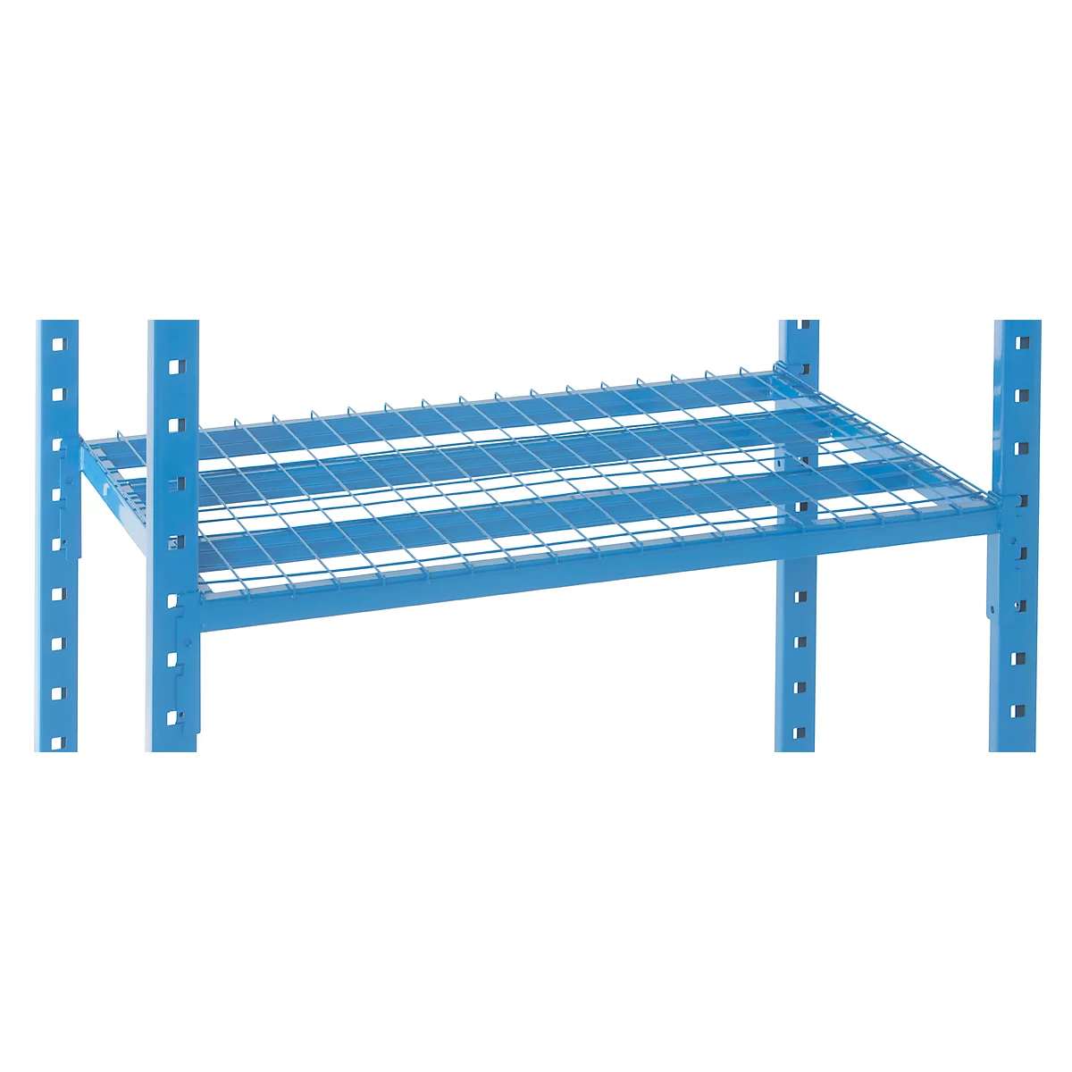 Blue metal shelf with wire mesh shelves. The posts have holes for adjusting the height of the shelves.